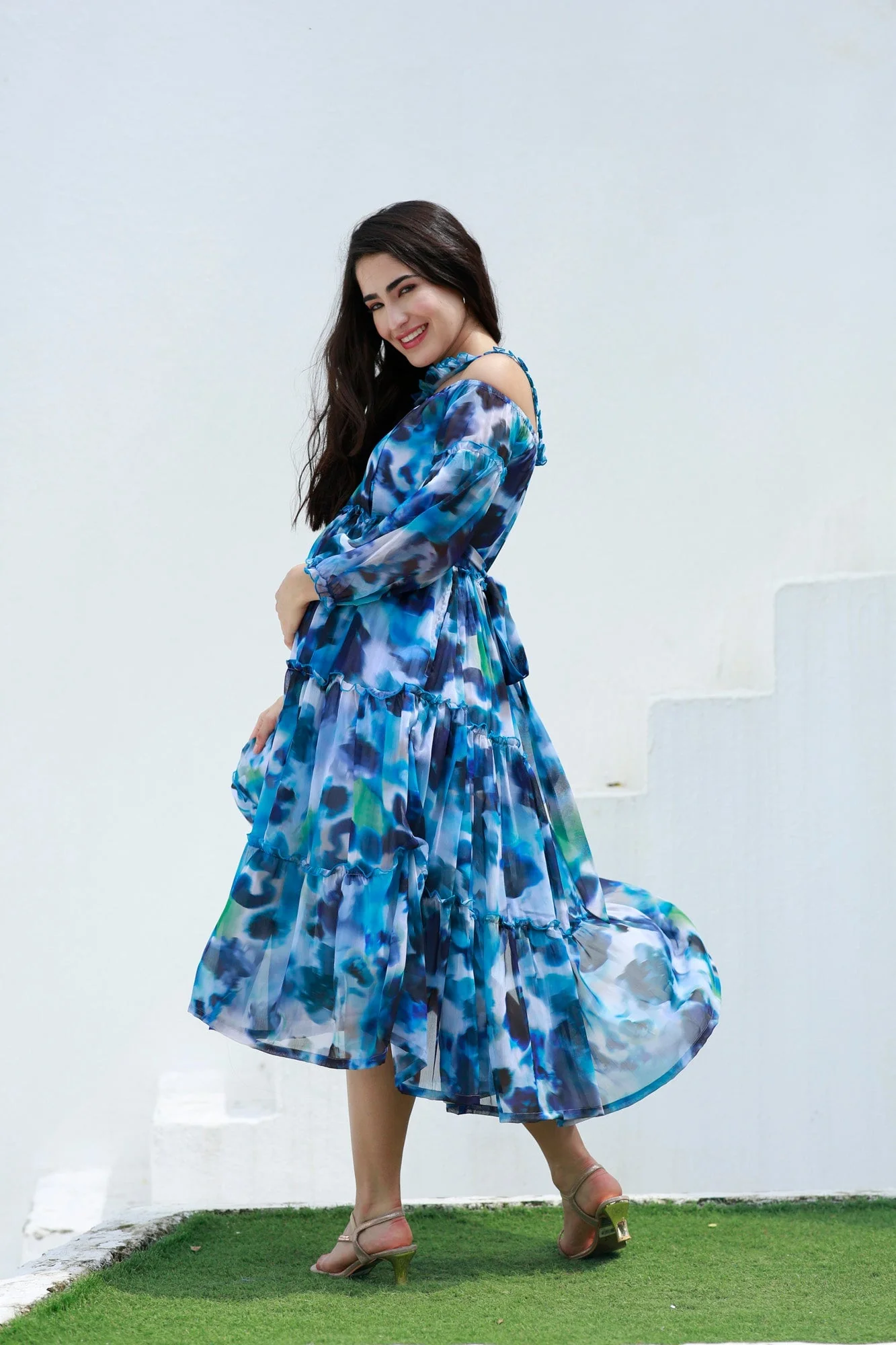 Paradise Blue Waves Halter Maternity & Nursing Frill Dress - Chenance