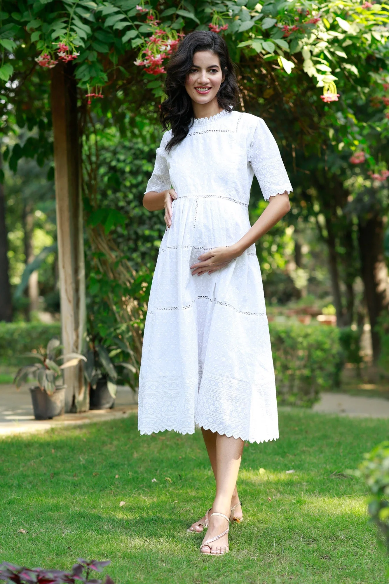 Paradise Daisy White Maternity & Nursing Dress (100% Cotton) - Chenance
