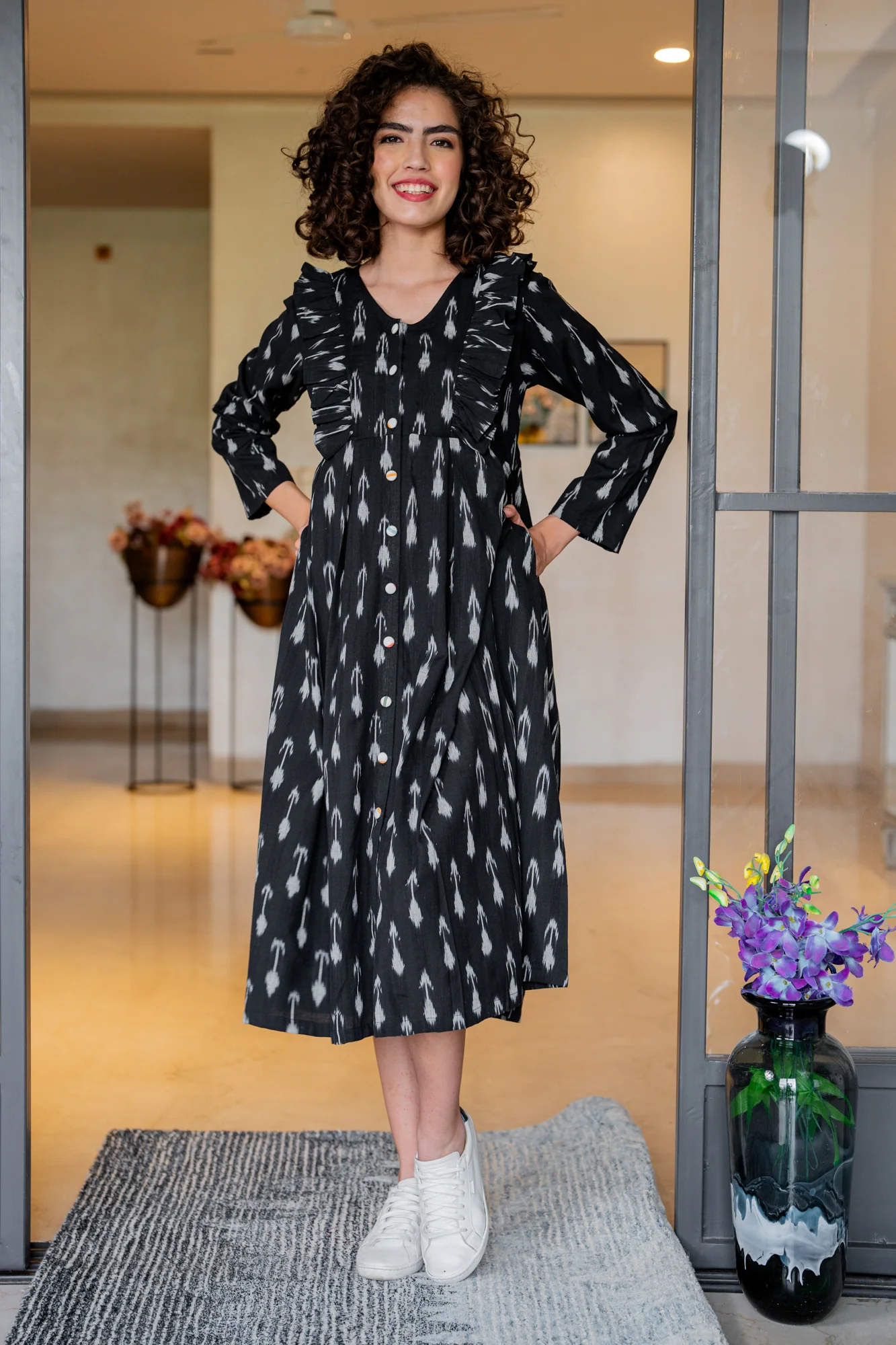 Pleasing Black Ikat Blue Maternity & Nursing Dress (100% Cotton) - Chenance