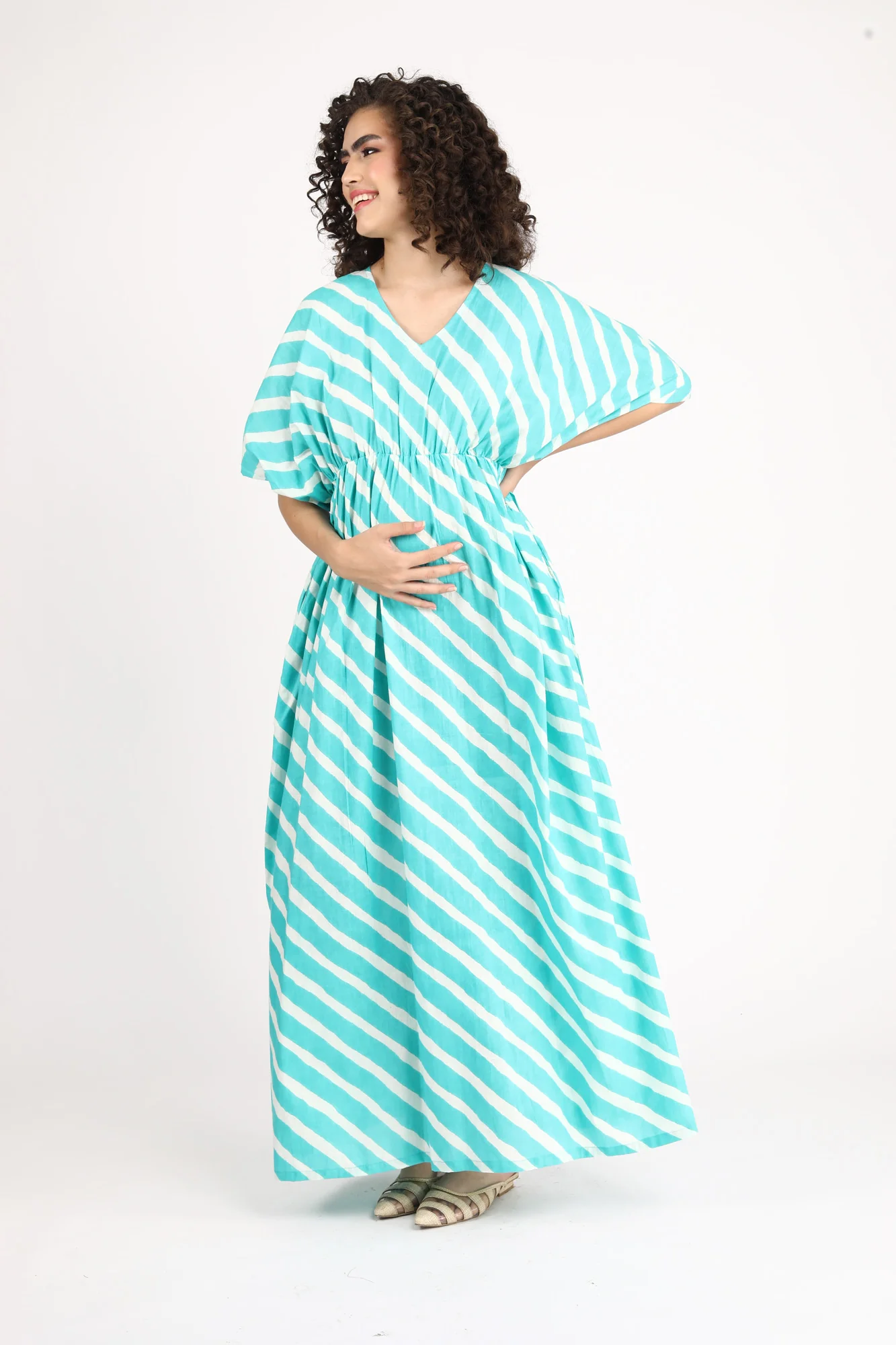 Teal Green Striped Maternity Kaftan Dress (100% Cotton) - Chenance