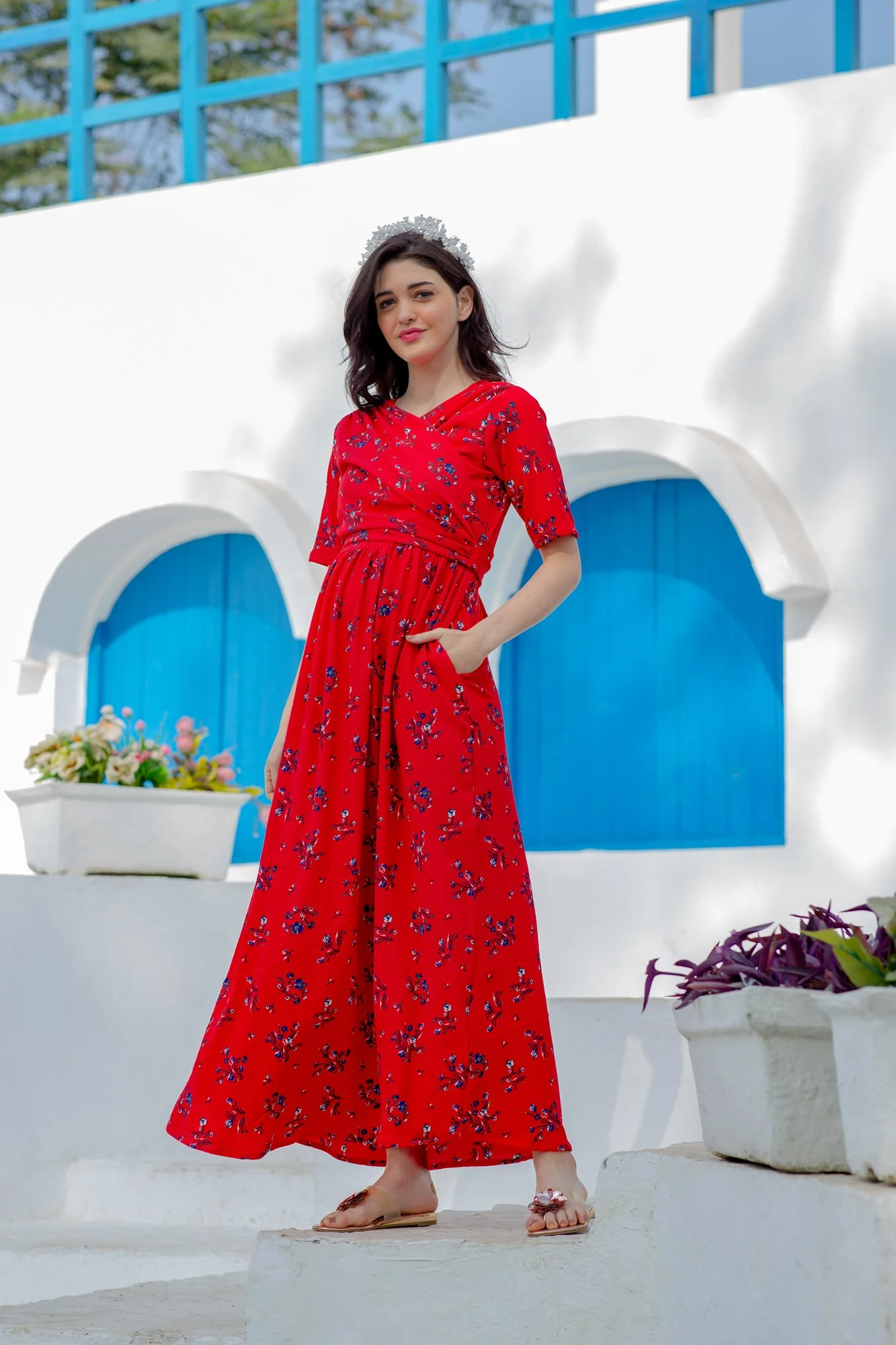 Raspberry Floral Maternity & Nursing Wrap Dress - Chenance