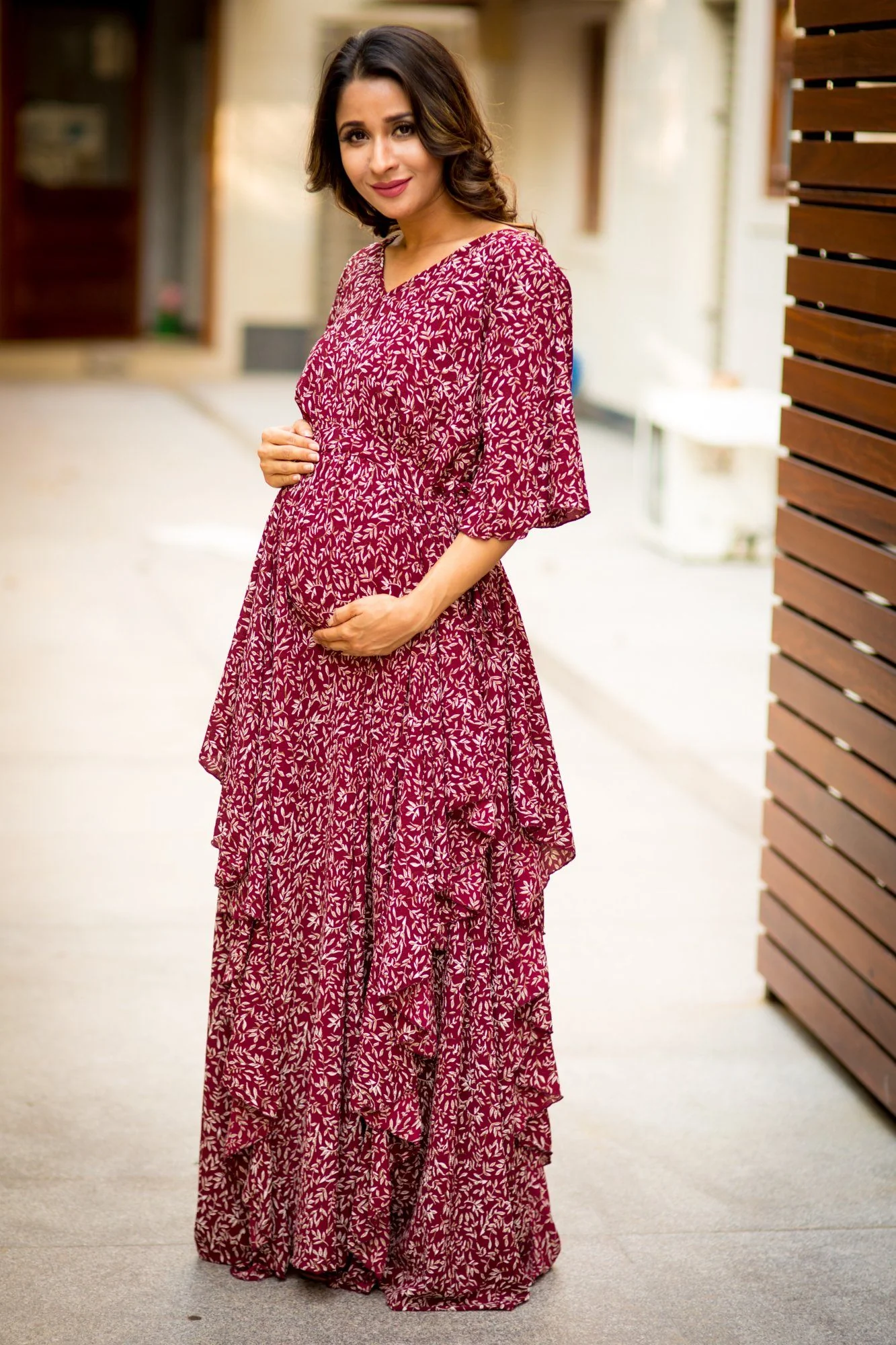 Luxe Wine Leafy Bubble Georgette Maternity Dress - Chenance