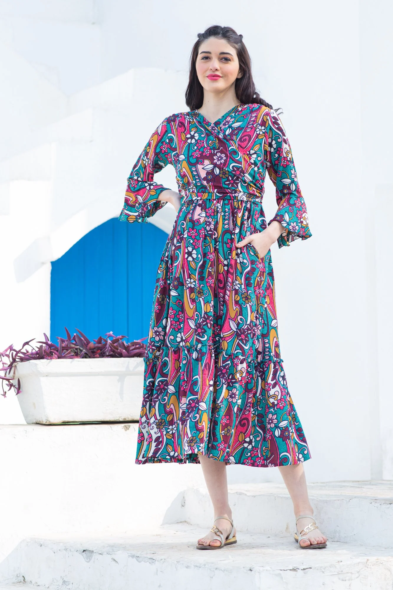 Boho Flower Frill Maternity & Nursing Midi Wrap Dress - Chenance