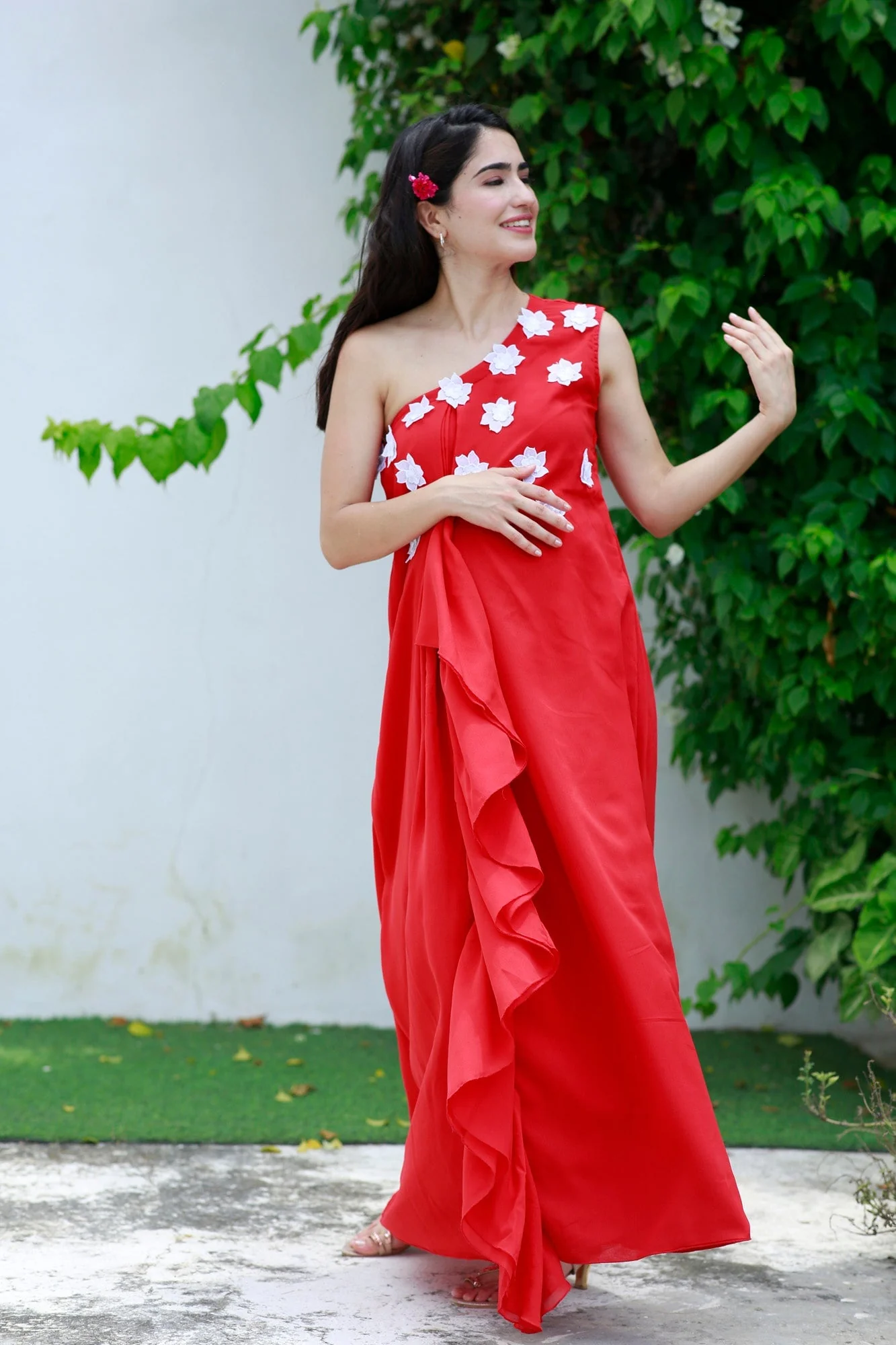 Scarlet Red One Shoulder Maternity Flow Dress - Chenance