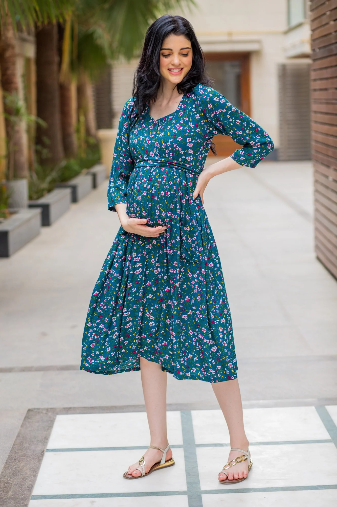 Pine Green Floral Pocket Maternity & Nursing Dress - Chenance