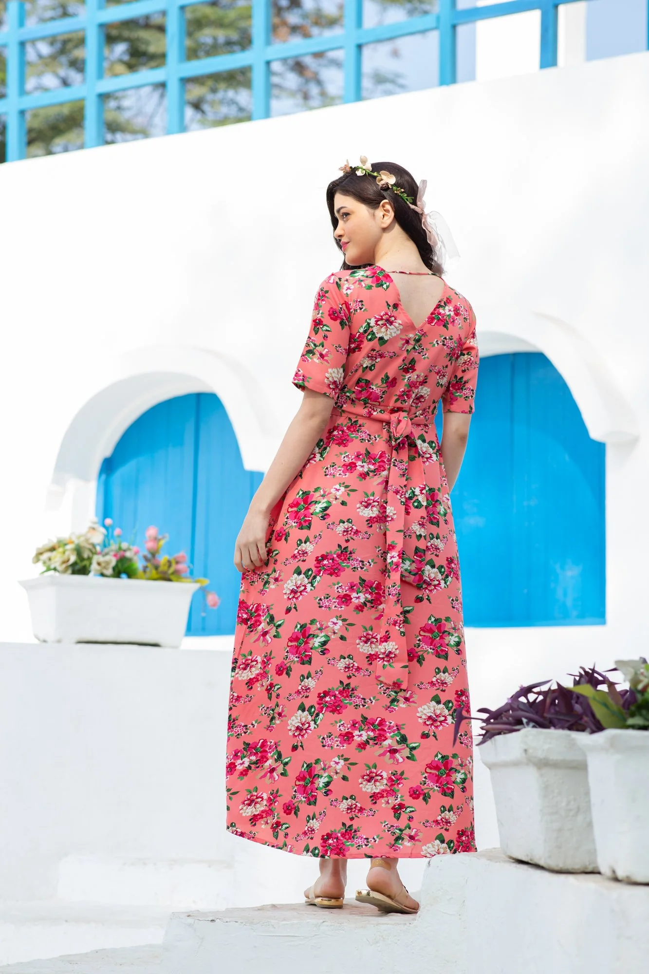Peachy Tangerine Floral Maternity & Nursing Wrap Dress - Chenance