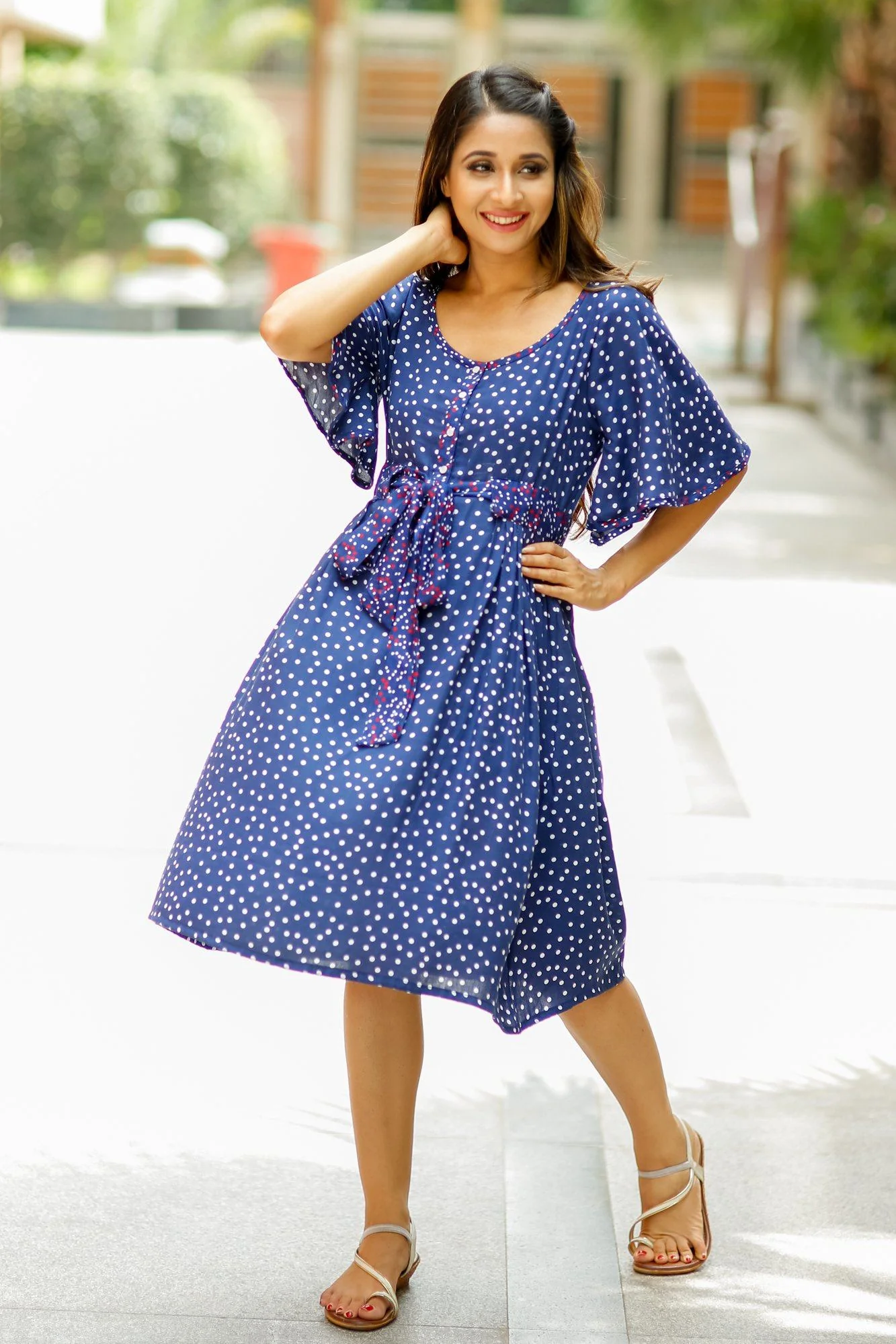 Blue Polka Maternity and Front Button Nursing Swing Dress - Chenance