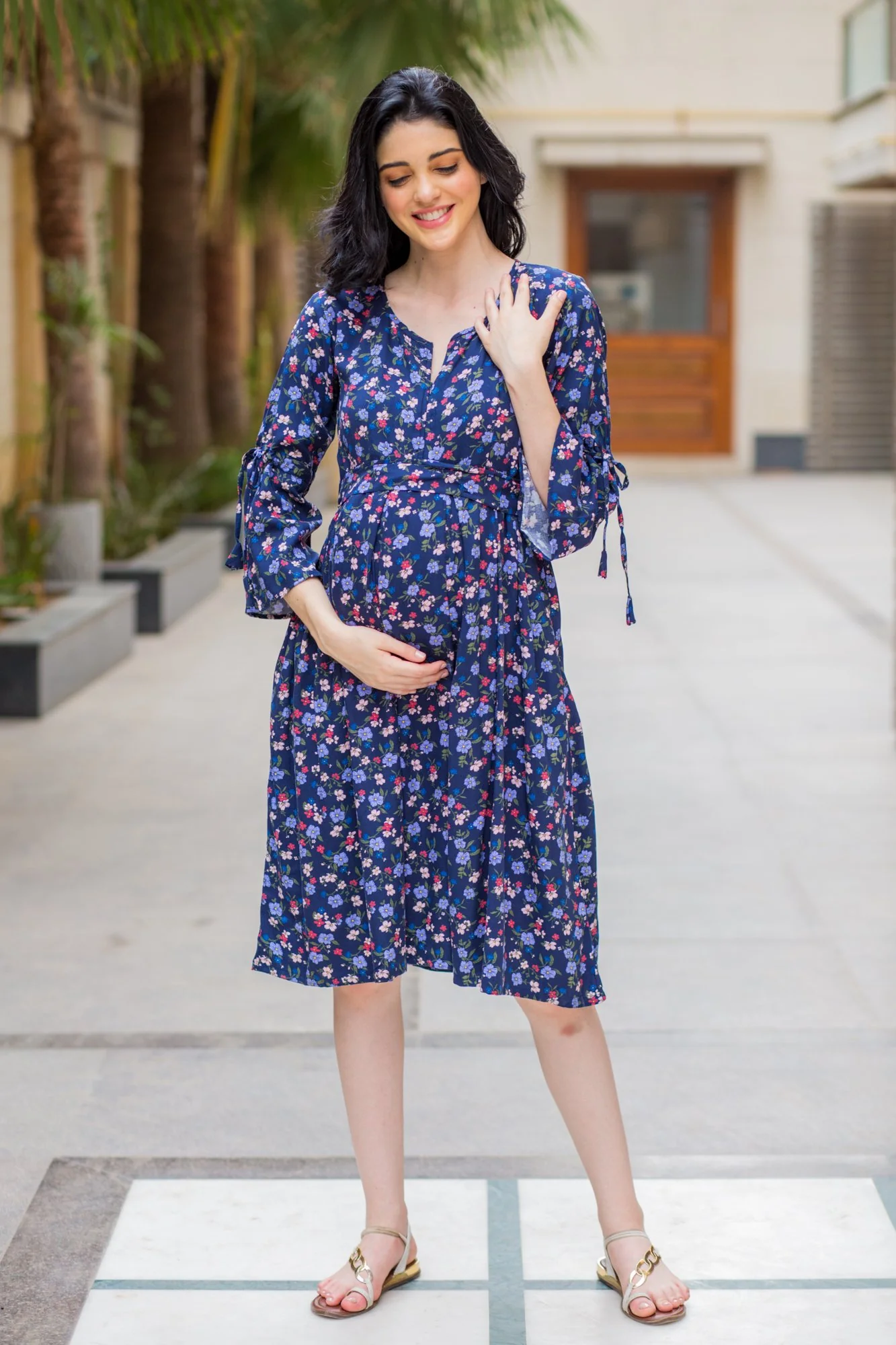 Blue Blossom Maternity & Nursing Front Zip Dress - Chenance