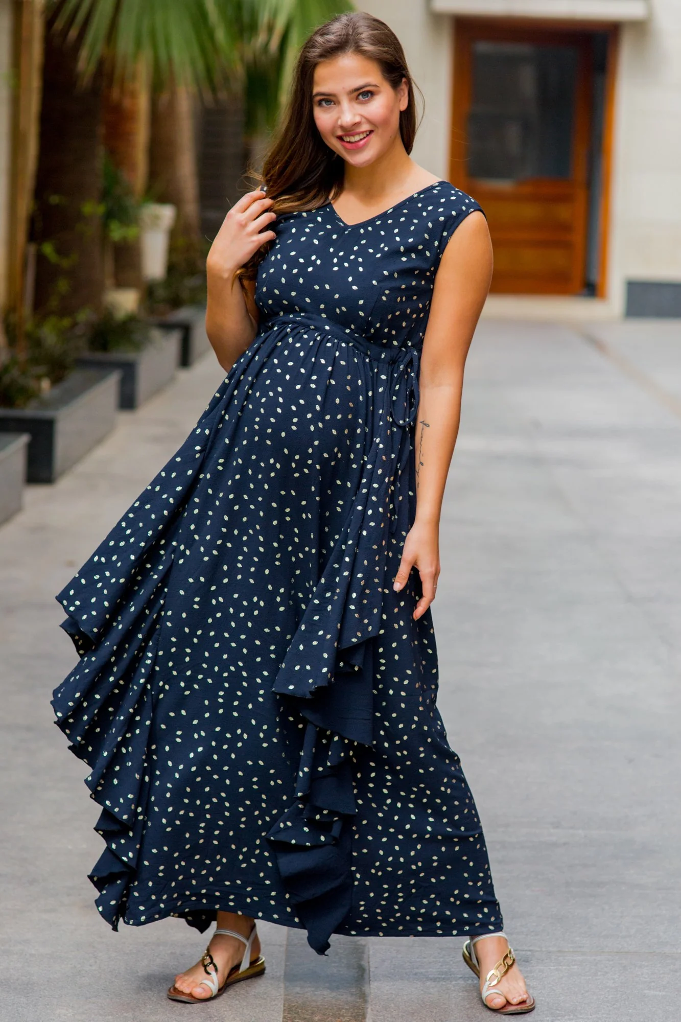 Luxe Navy Gold Speckle Embellished Maternity Flow Dress - Chenance
