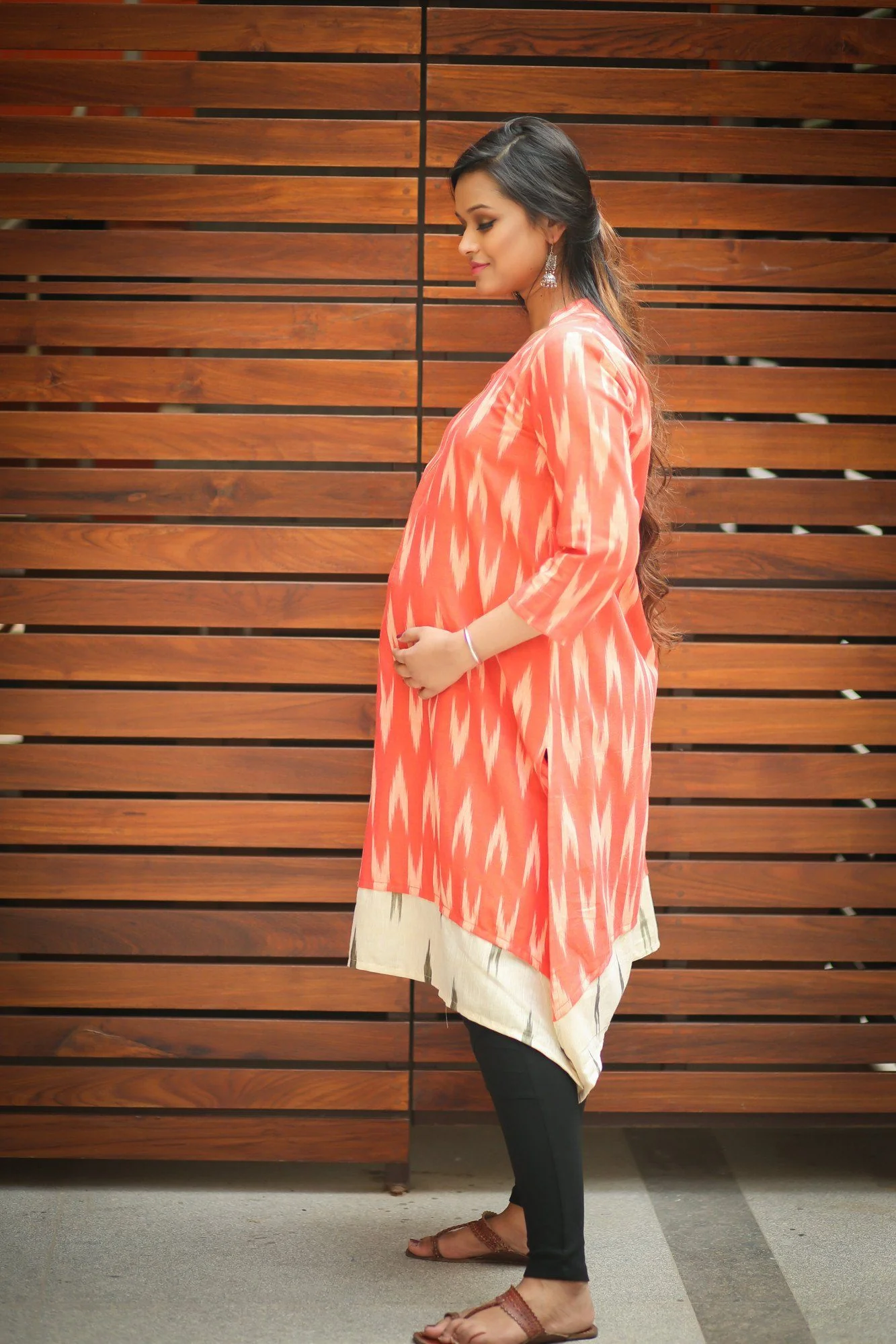 Orange Ikat Front Zip Maternity & Nursing Kurta - Chenance