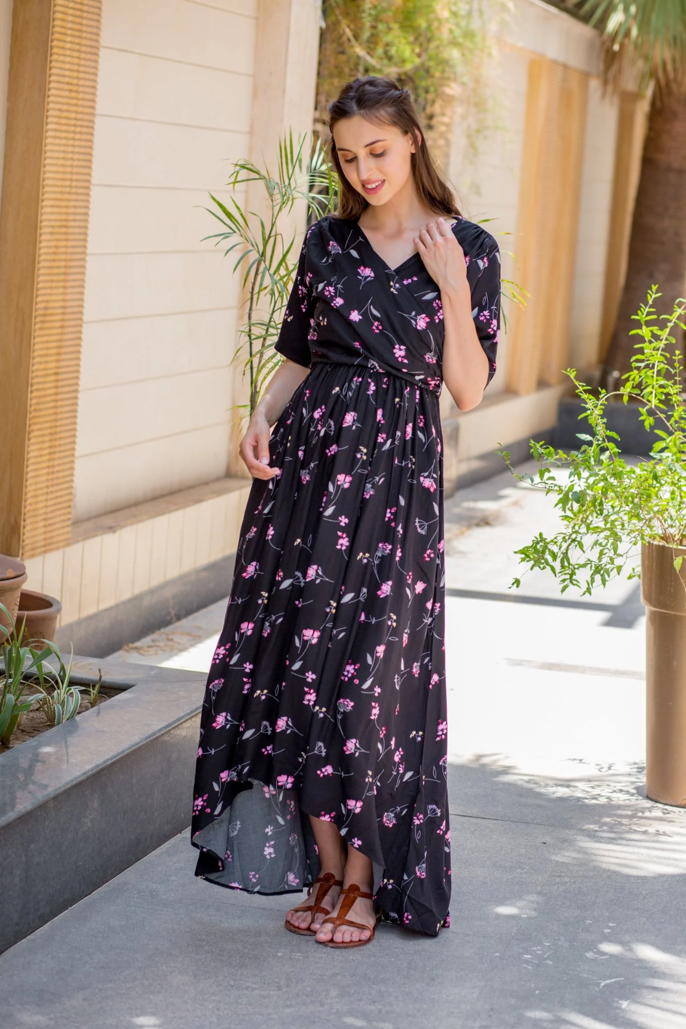 Midnight Floral High-Low Maternity & Nursing Wrap Dress - Chenance