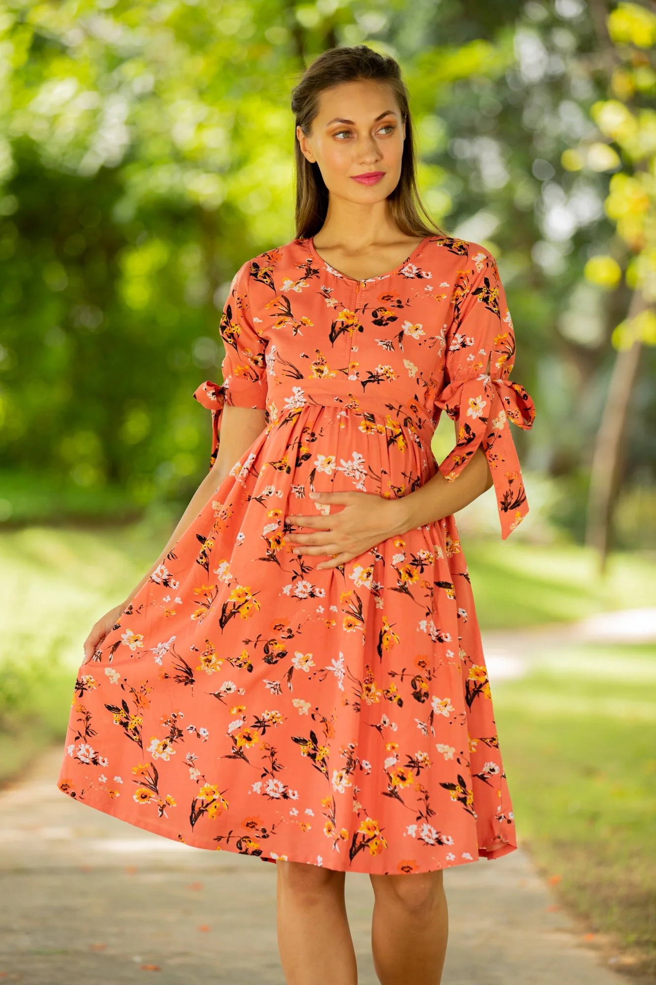 Orange Side Ties Maternity & Nursing Dress - Chenance