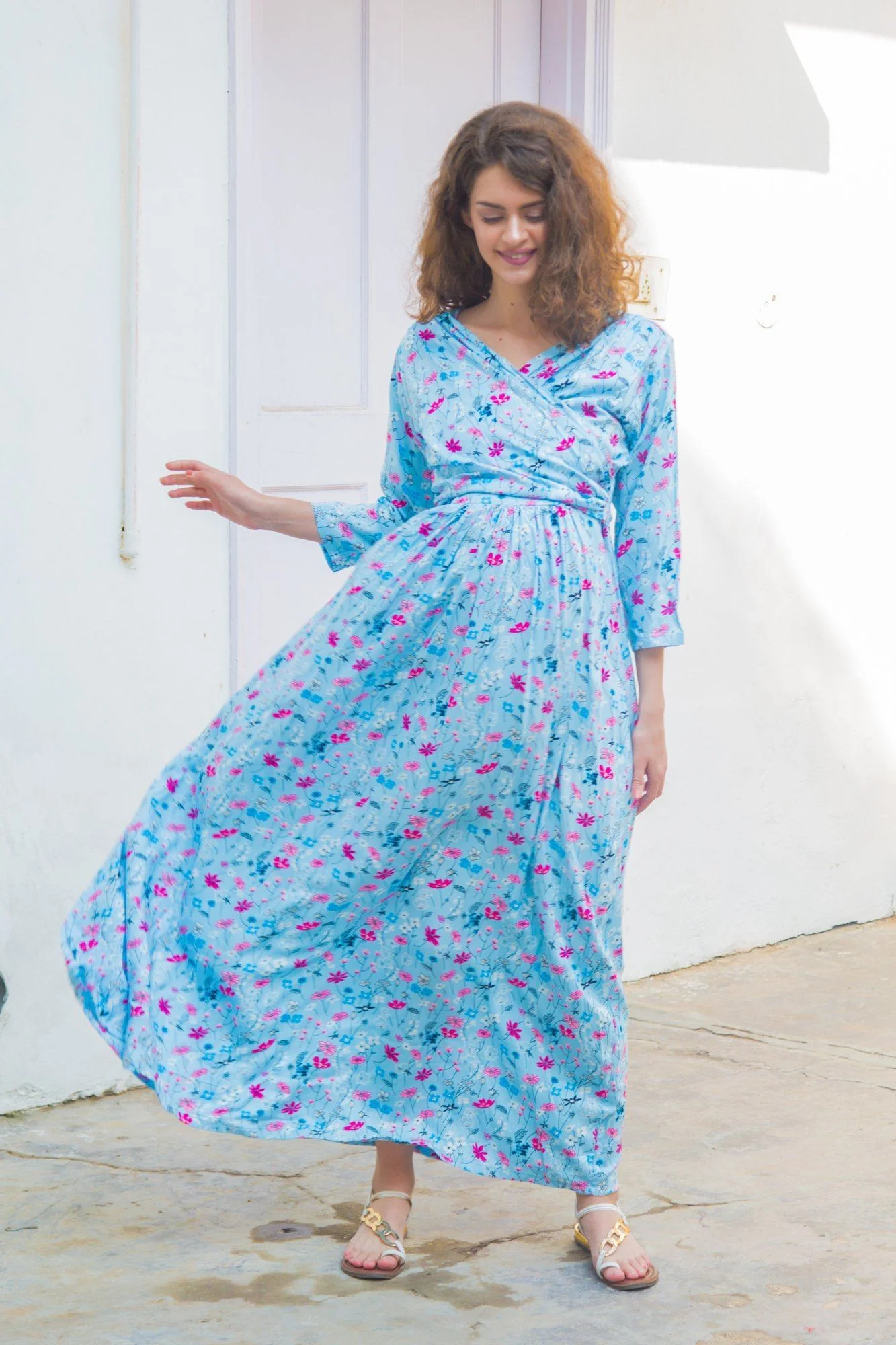 Sky Blue Floral  Maternity & Nursing Wrap Dress - Chenance