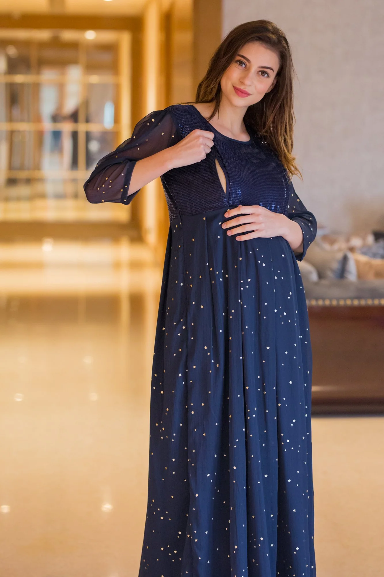 Starry Blue Silver Sequin Maternity & Nursing Dress - Chenance