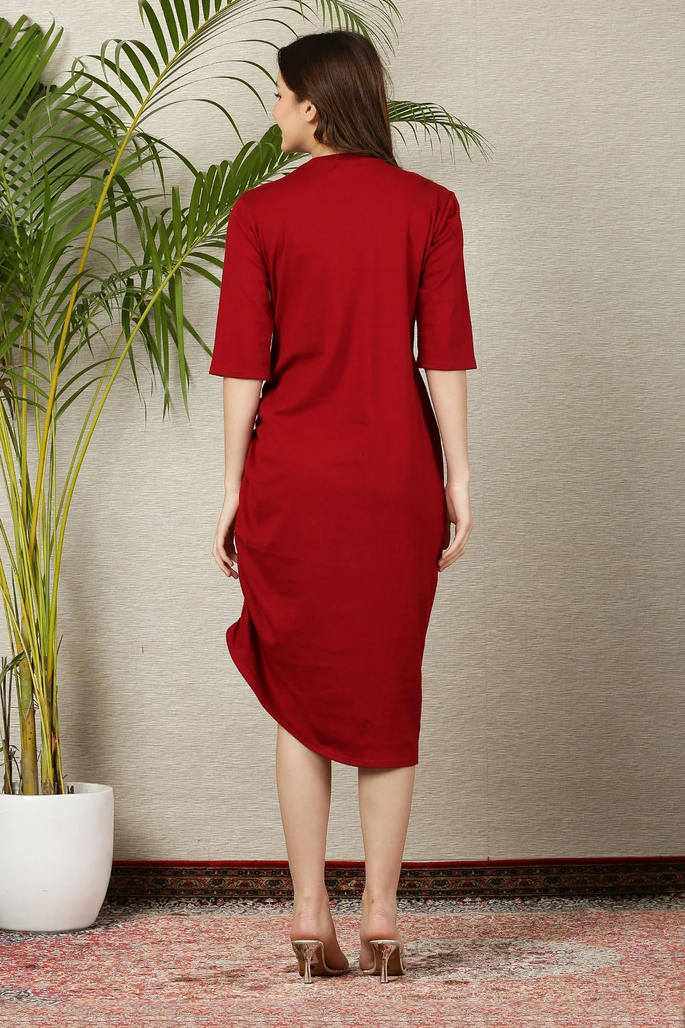 Sizzling Maroon Ruched Maternity Dress - Chenance
