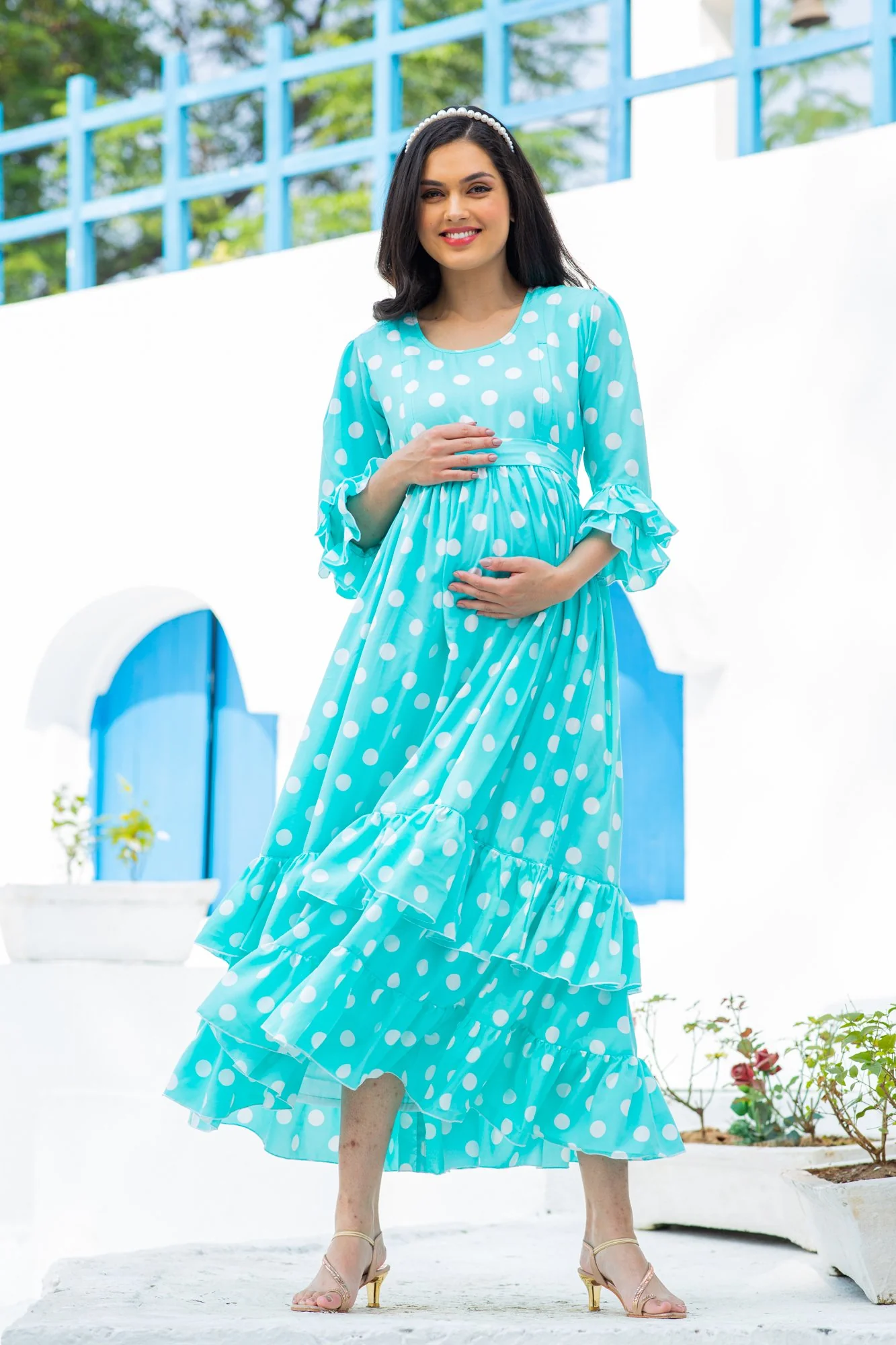 Classic Turquoise Polka Maternity & Nursing Frill Dress - Chenance