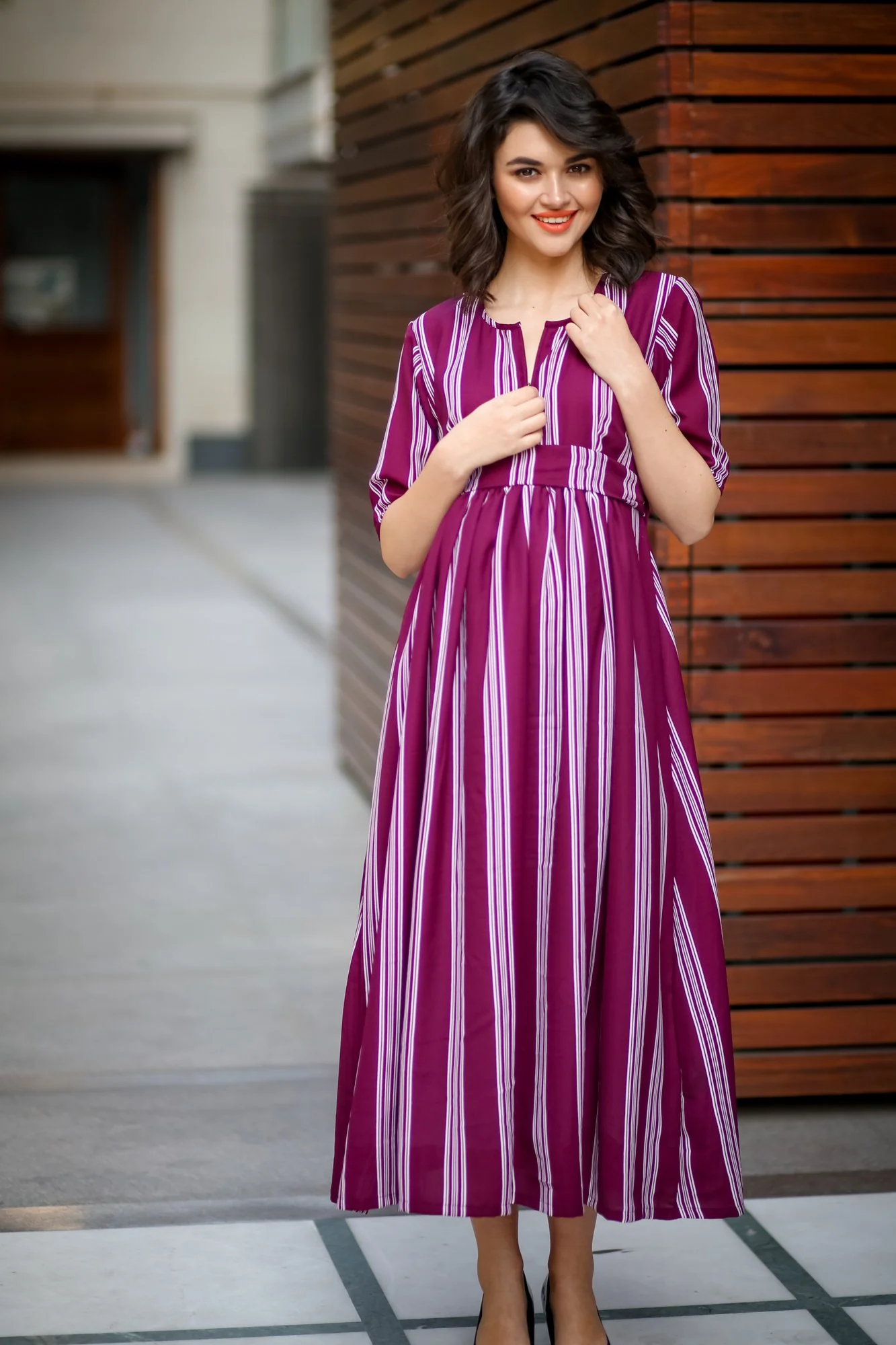 Plush Violet Striped Maternity & Nursing Dress - Chenance