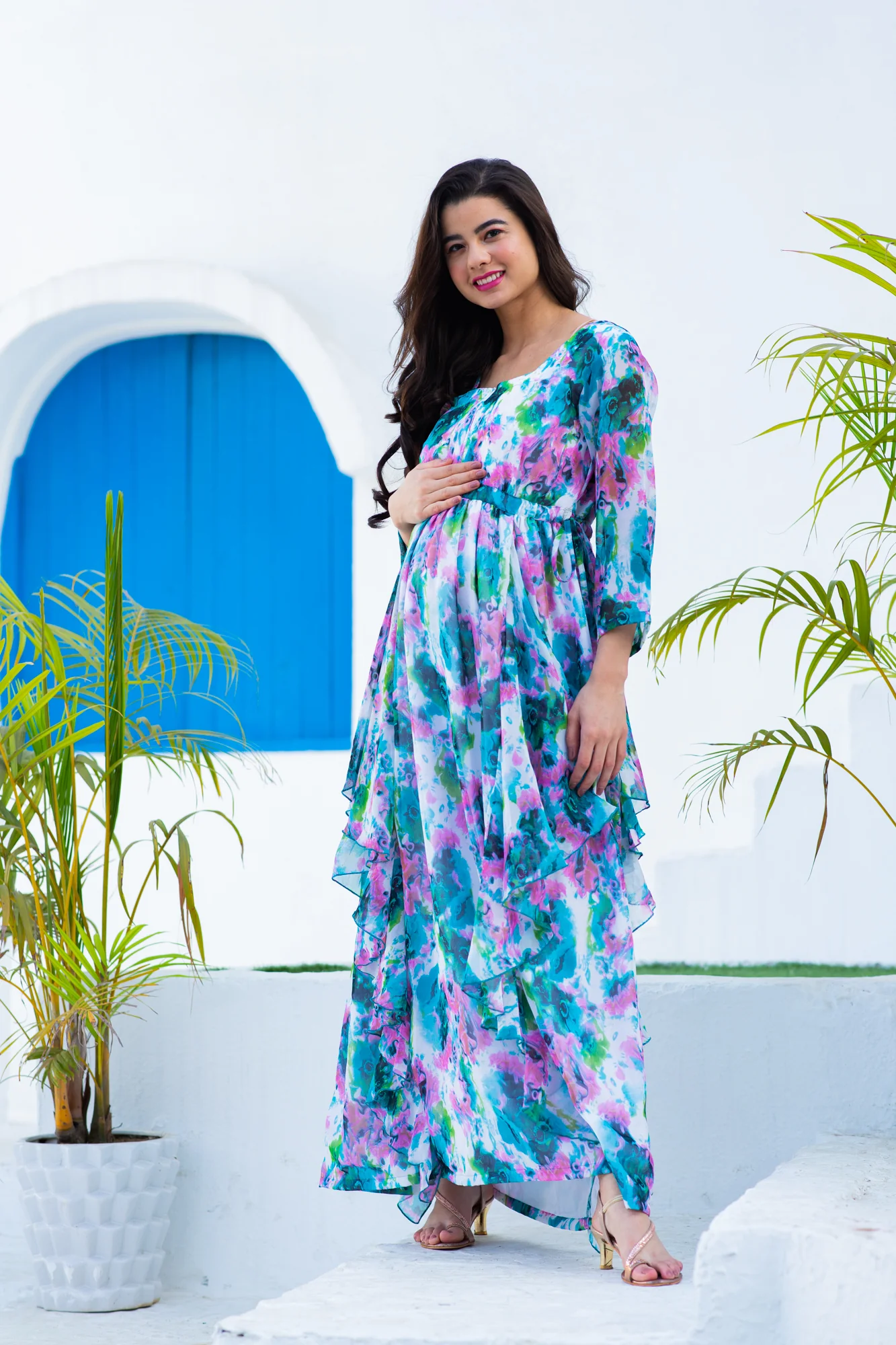 Luxe Vibrant Cascading Floral Maternity & Nursing Flow Dress - Chenance