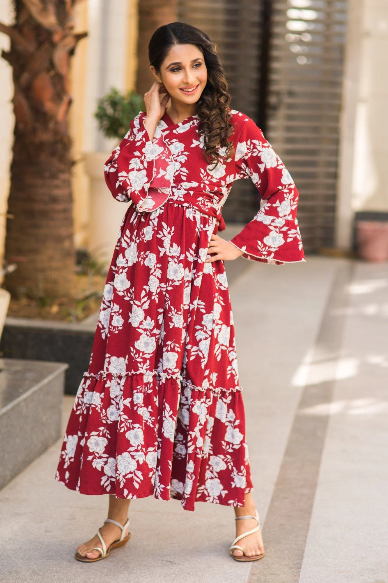 Burgundy Floral Frill Bubble Georgette Maternity & Nursing Wrap Dress - Chenance