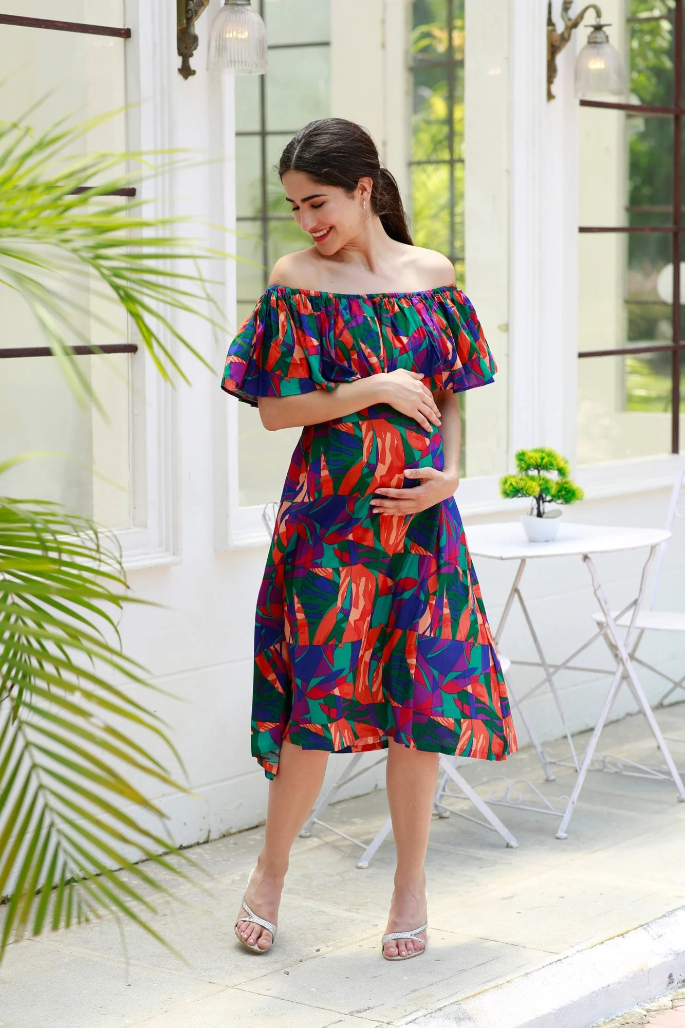 Retro Abstract Blue Off-Shoulder Maternity Frill Dress - Chenance