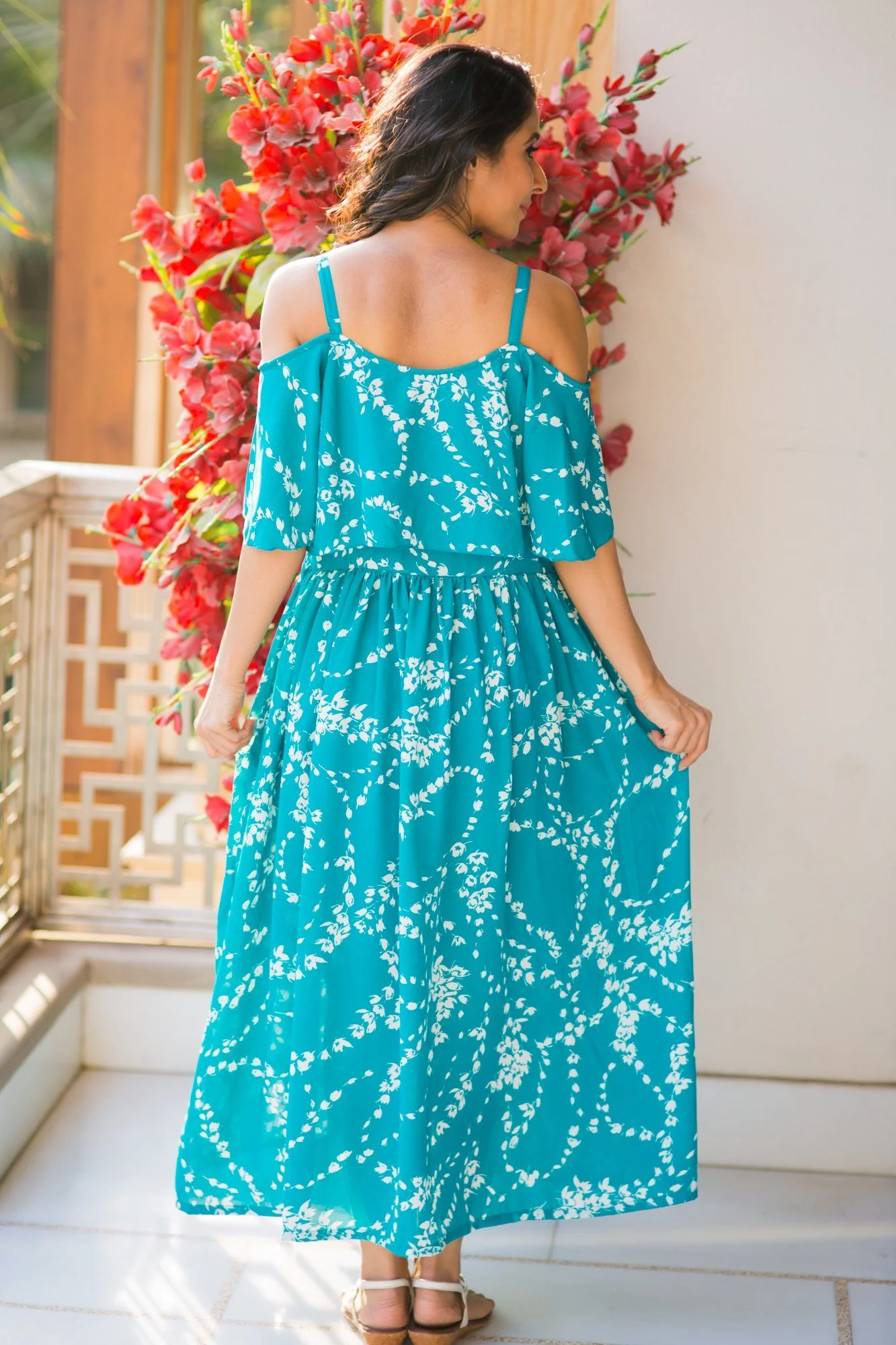 Teal Leafy Cold Shoulder Maternity & Nursing Maxi Dress - Chenance