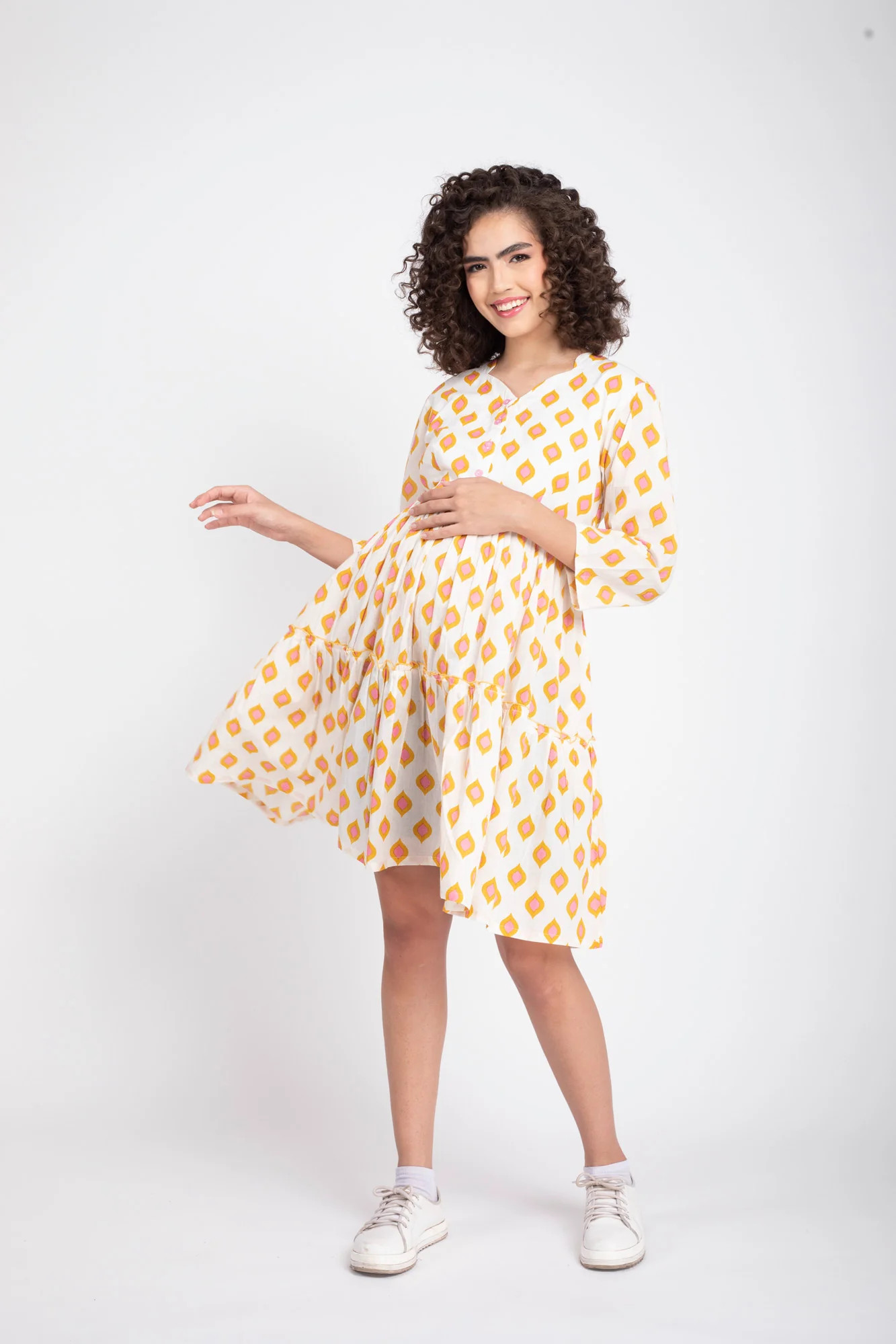 Pretty Cream Maternity & Nursing Layered Dress (100% Cotton) - Chenance