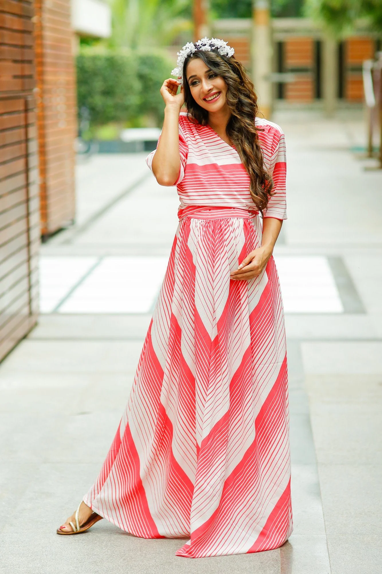 Taffy Pink Stripes Maternity & Nursing Wrap Dress - Chenance