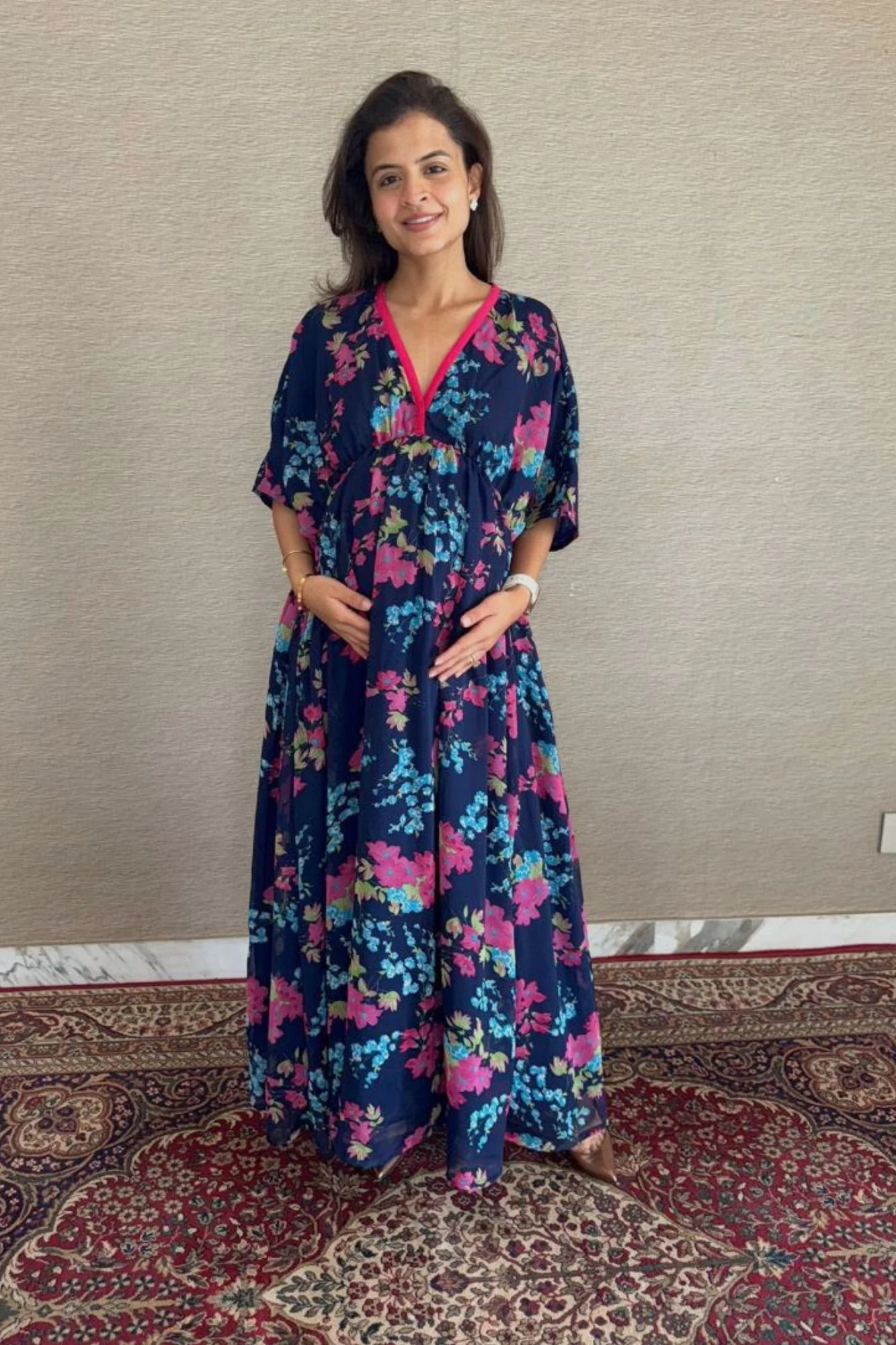 Midnight Blue Floral Maternity Kaftan Dress - Chenance