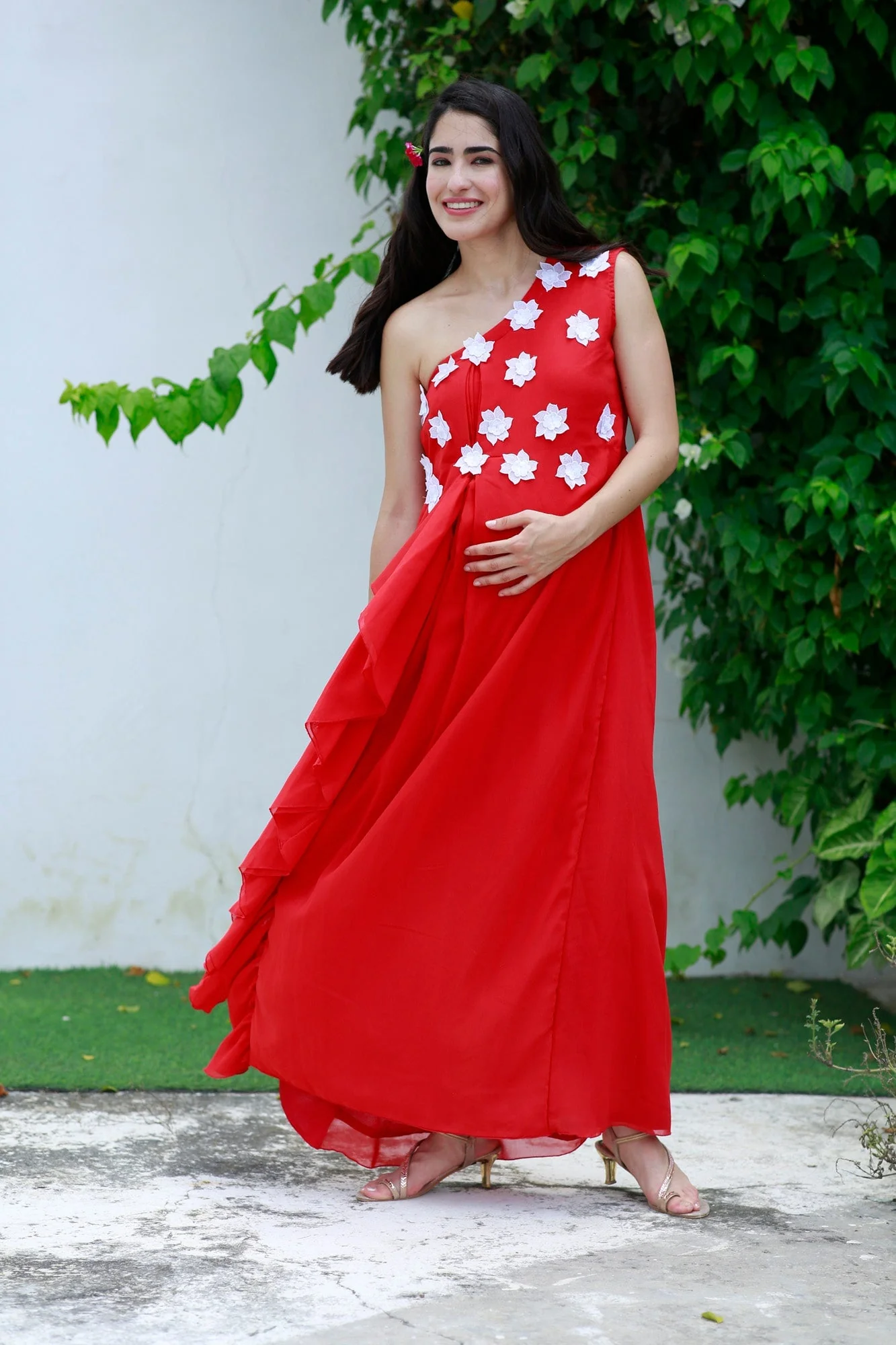 Scarlet Red One Shoulder Maternity Flow Dress - Chenance