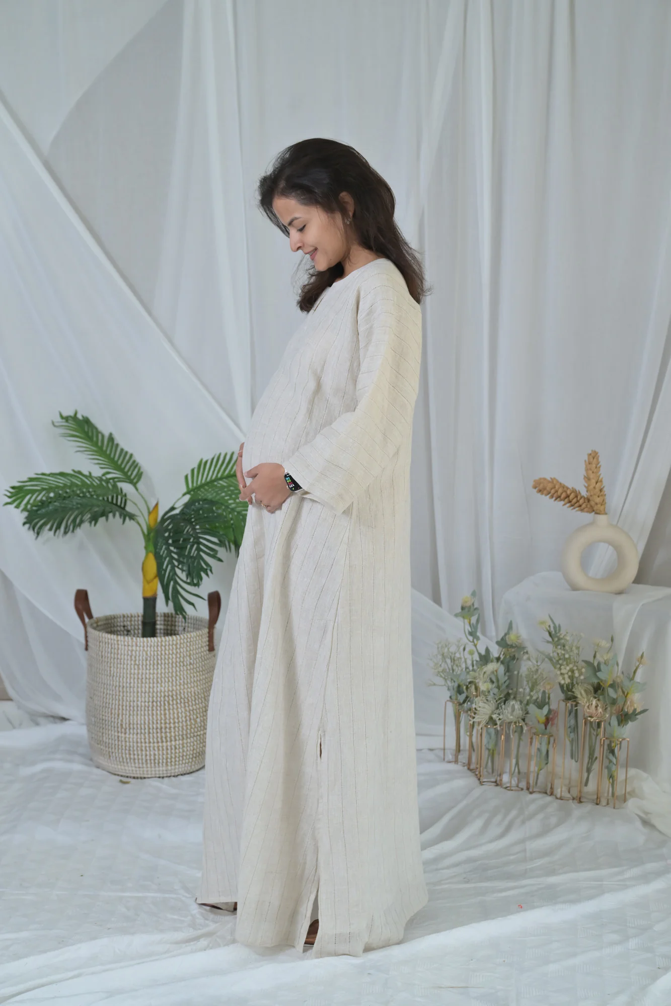 Luxe Graceful Beige Long Maternity Linen Dress - Chenance