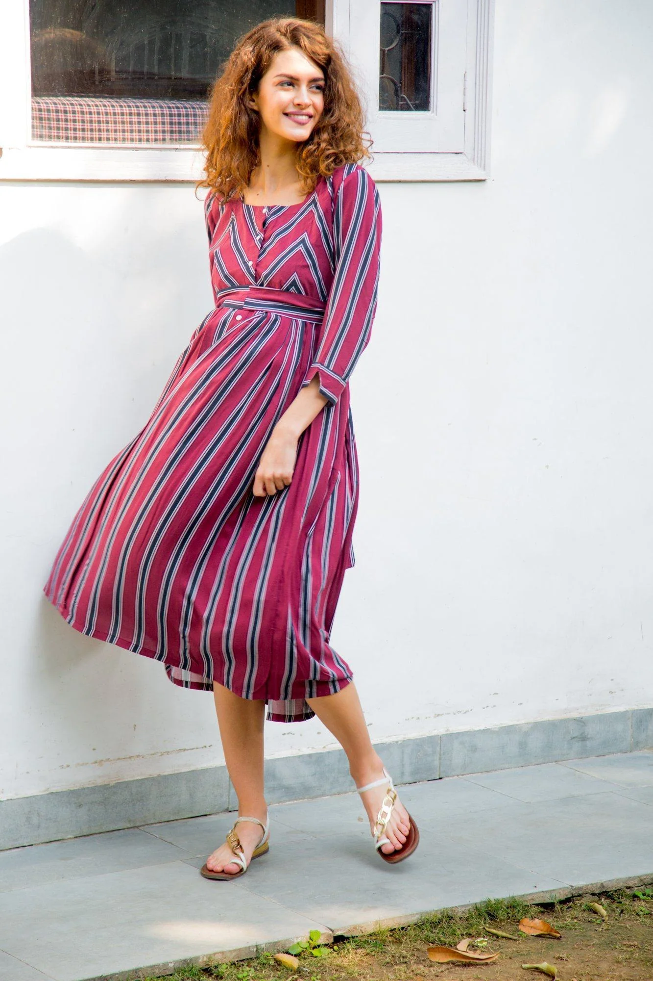 Maroon Striped Pocket Maternity & Nursing Dress - Chenance
