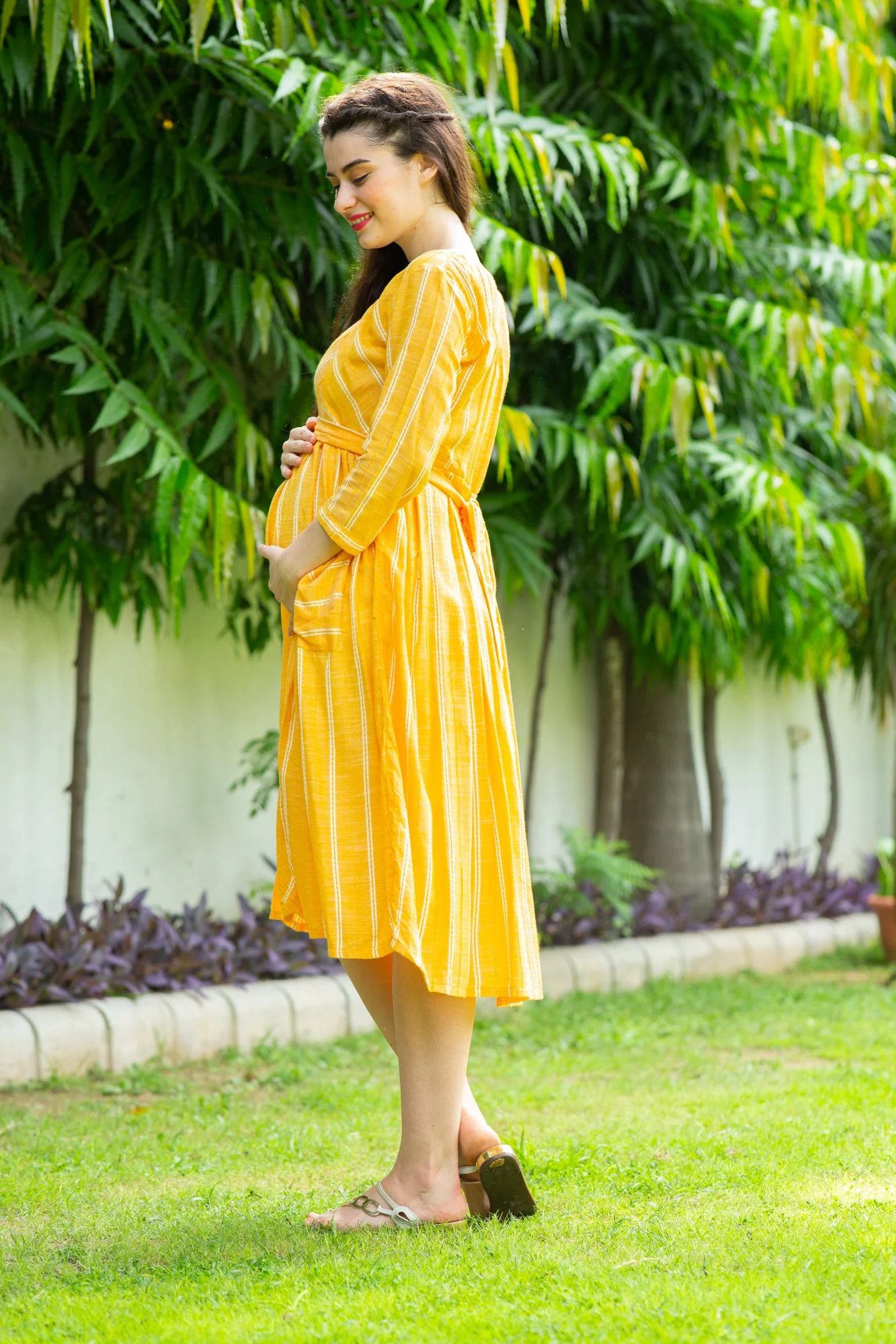 Playful Striped Pocket Maternity & Nursing Dress - Chenance