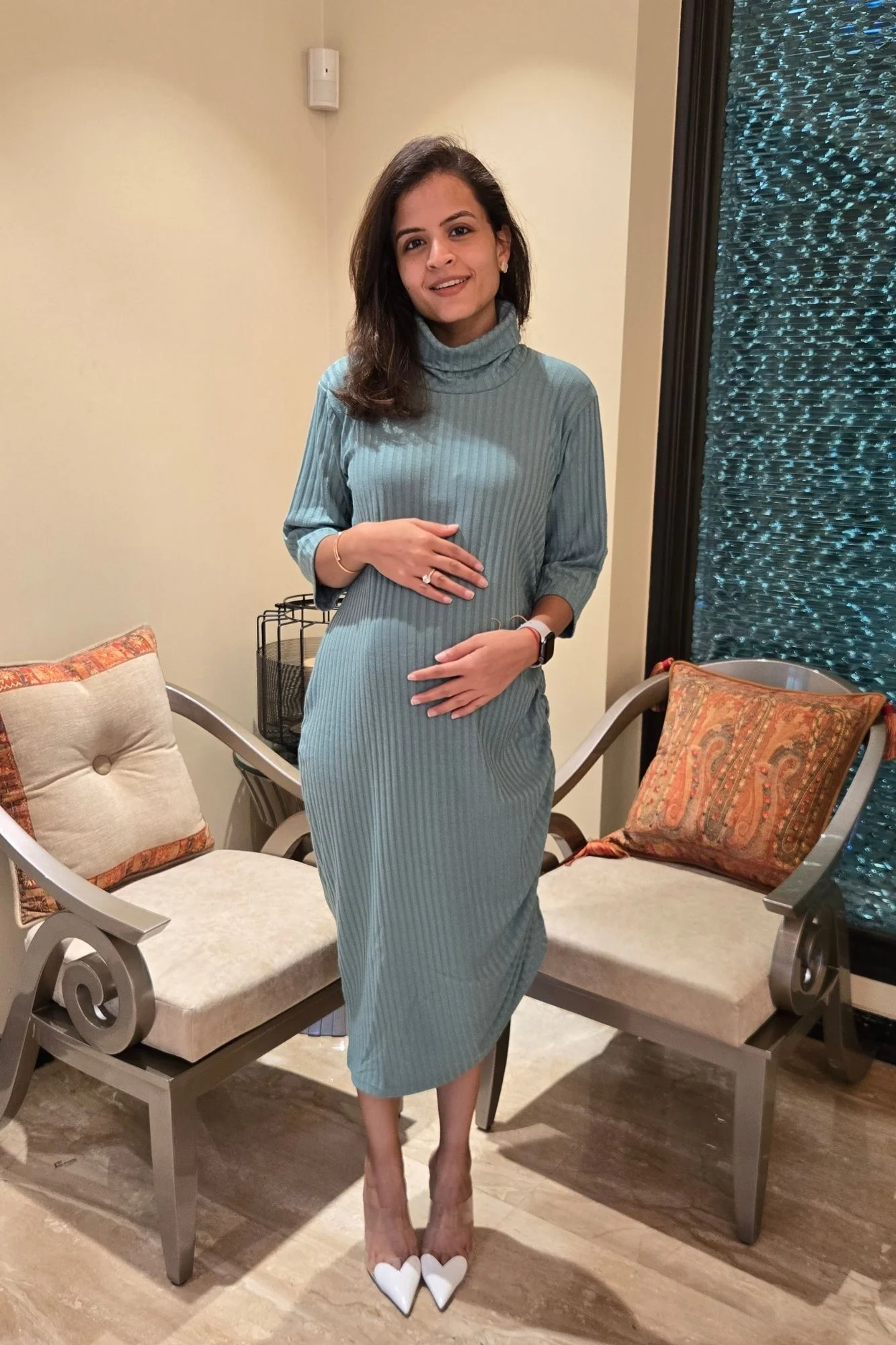 Refined Dusty Teal Ribbed Maternity Fitted Winter Dress - Chenance