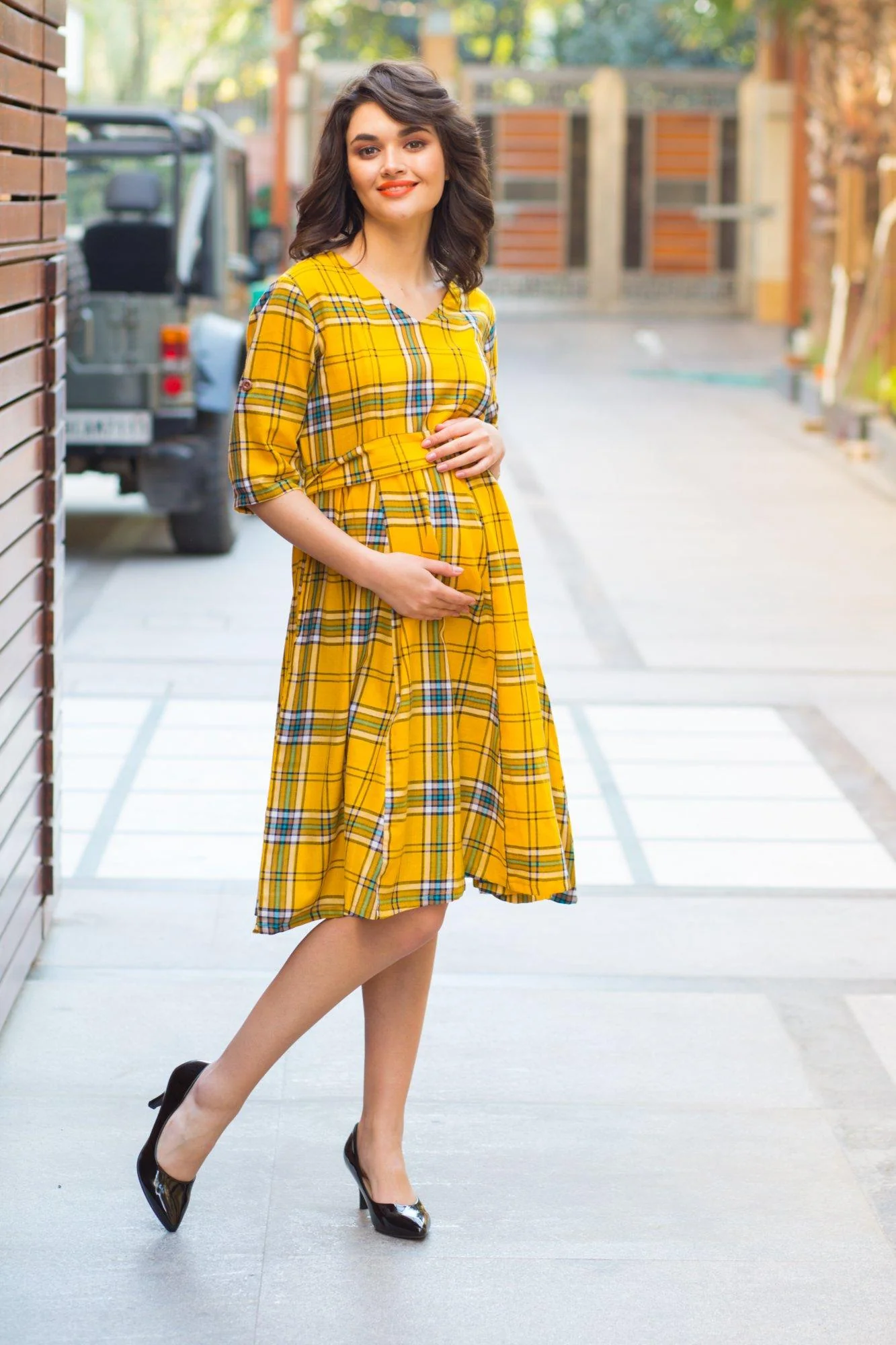 Spring Yellow Cotton Plaid Maternity & Nursing Dress - Chenance