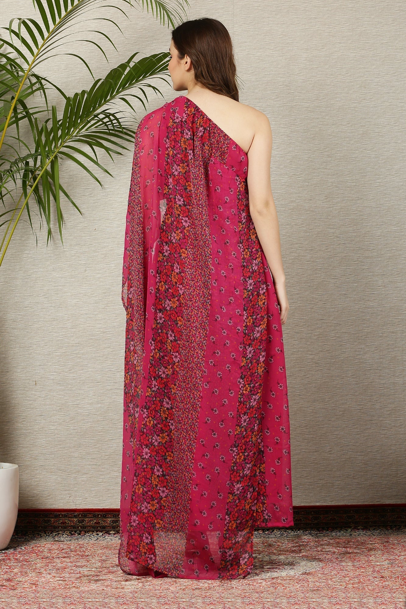 Luxe Fuchsia Blooming Bouquet One Shoulder Maternity & Nursing Gown - Chenance