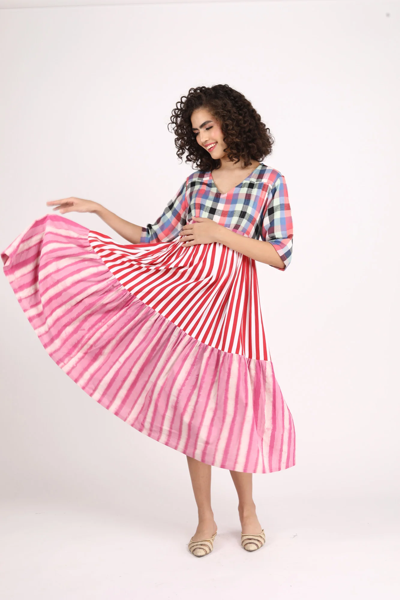 Boho Chic Striped Maternity & Nursing Gathered Dress (100% Cotton) - Chenance