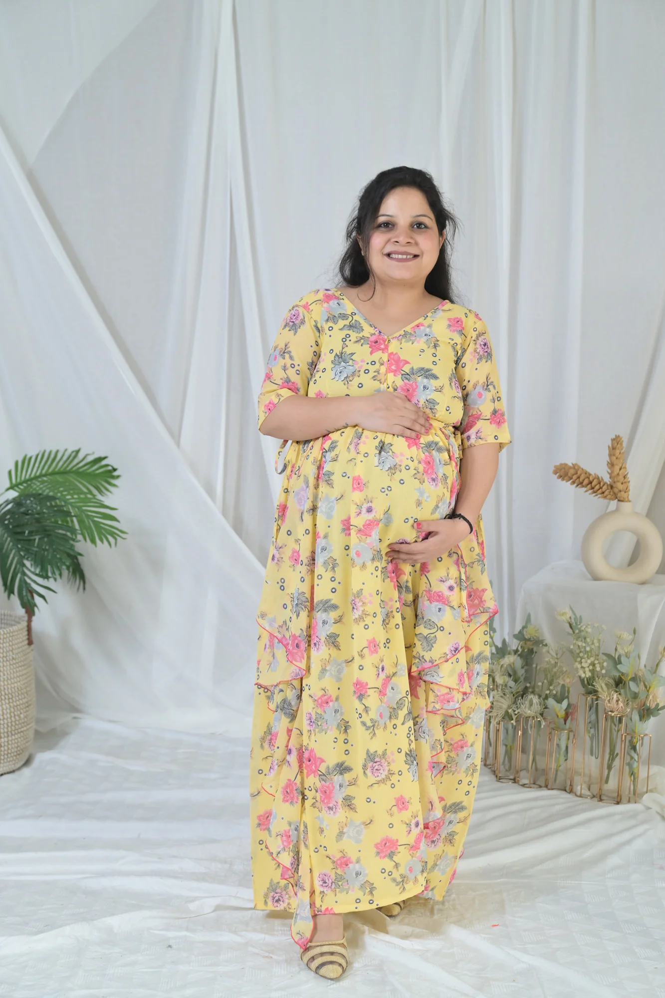 Happy Floral Yellow Maternity & Nursing Flow Dress - Chenance