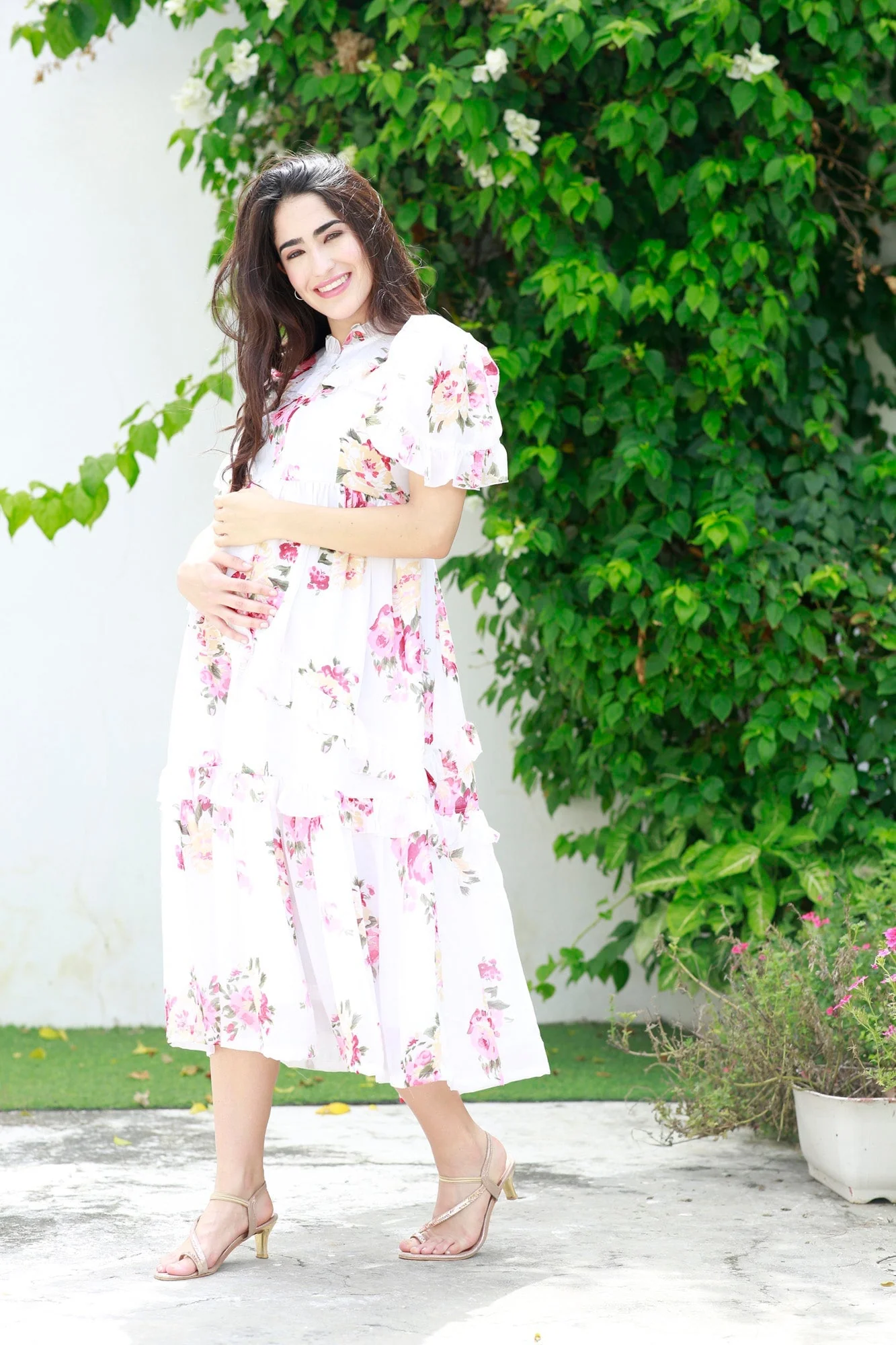 Soothing White Floral Maternity & Nursing Frill Dress - Chenance