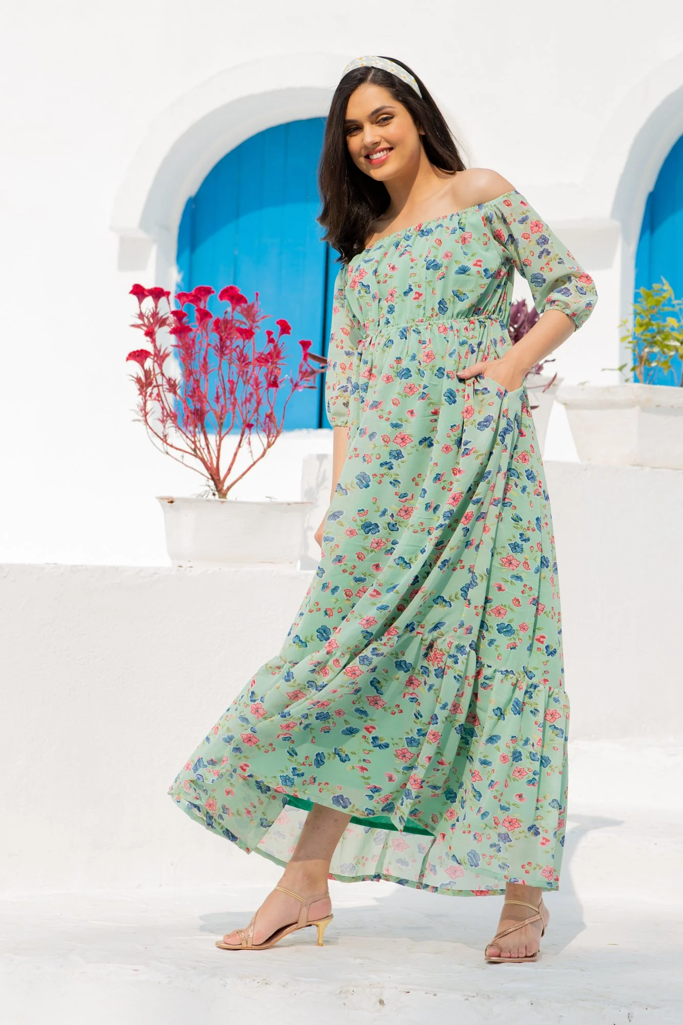 Mint Green Floral Dual Off-Shoulder Boat Neck Maternity & Nursing Maxi Dress - Chenance