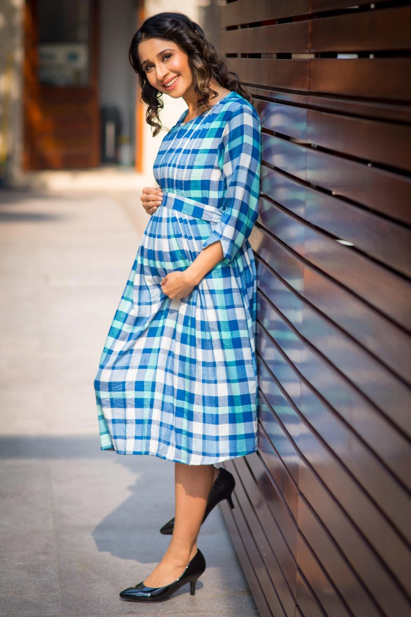 Saphire Blue Plaid Pintucks Maternity & Nursing Dress - Chenance