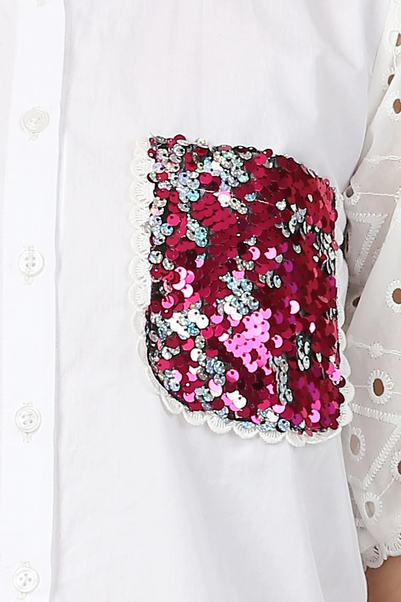 Women Classic Snow White Adorned Pocket Shirt (100% Cotton) - Chenance