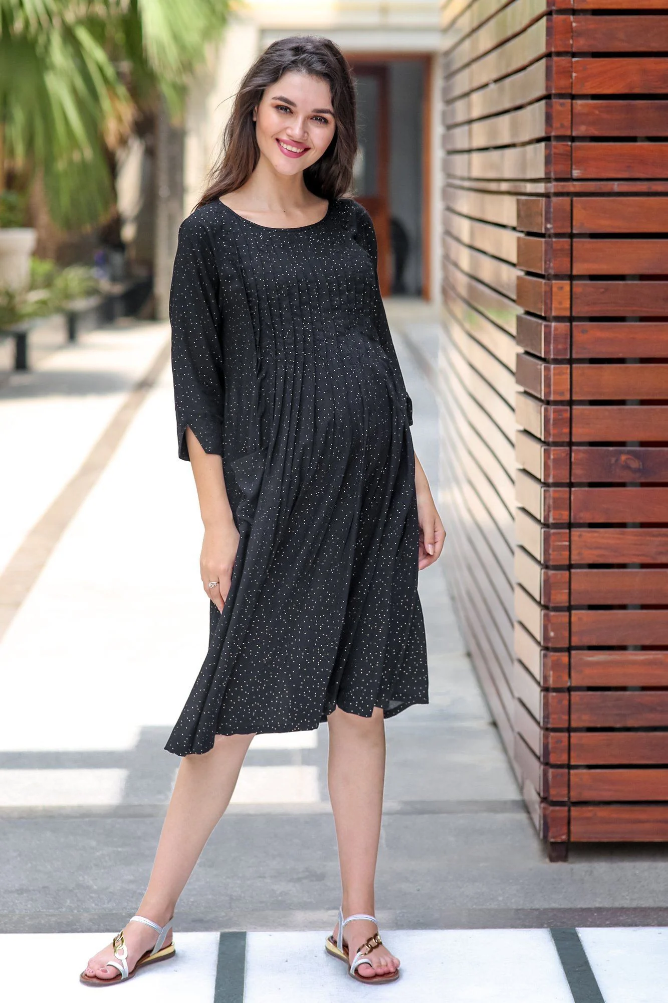 Gold Sprinkle Pleated Maternity & Nursing Kurta Dress - Chenance