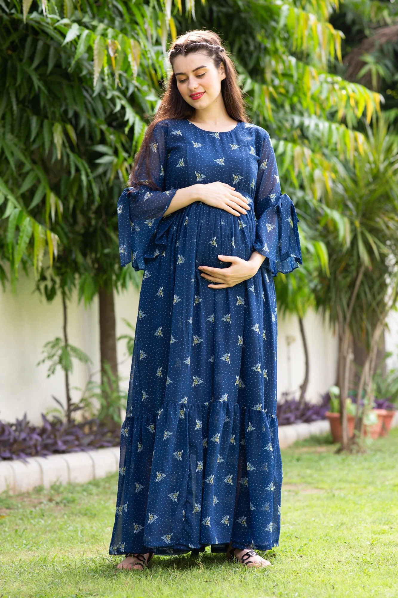 Blue High Maternity & Nursing Frill Dress - Chenance