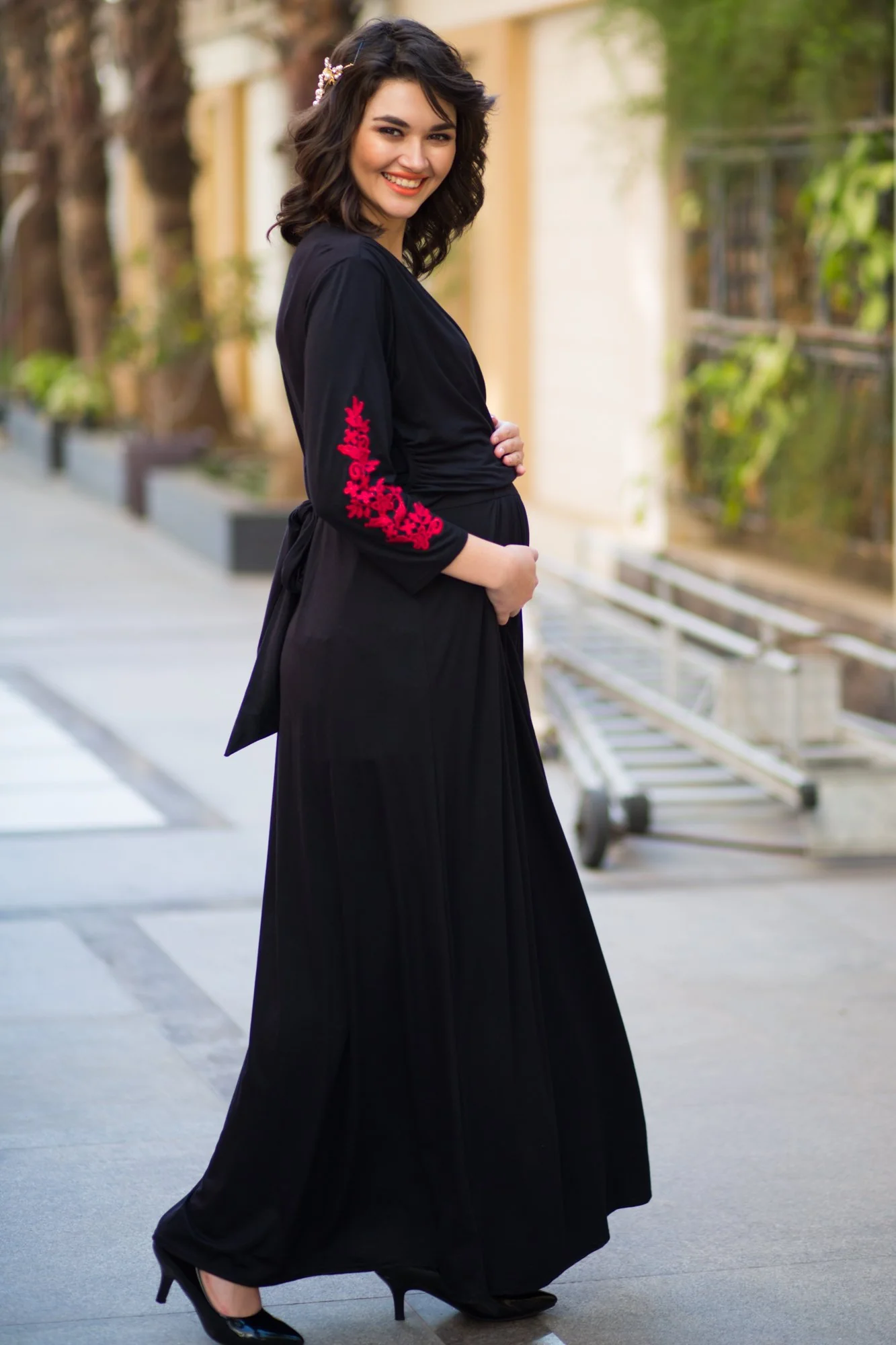 Elegant Black Red Crochet Maternity & Nursing Wrap Dress - Chenance