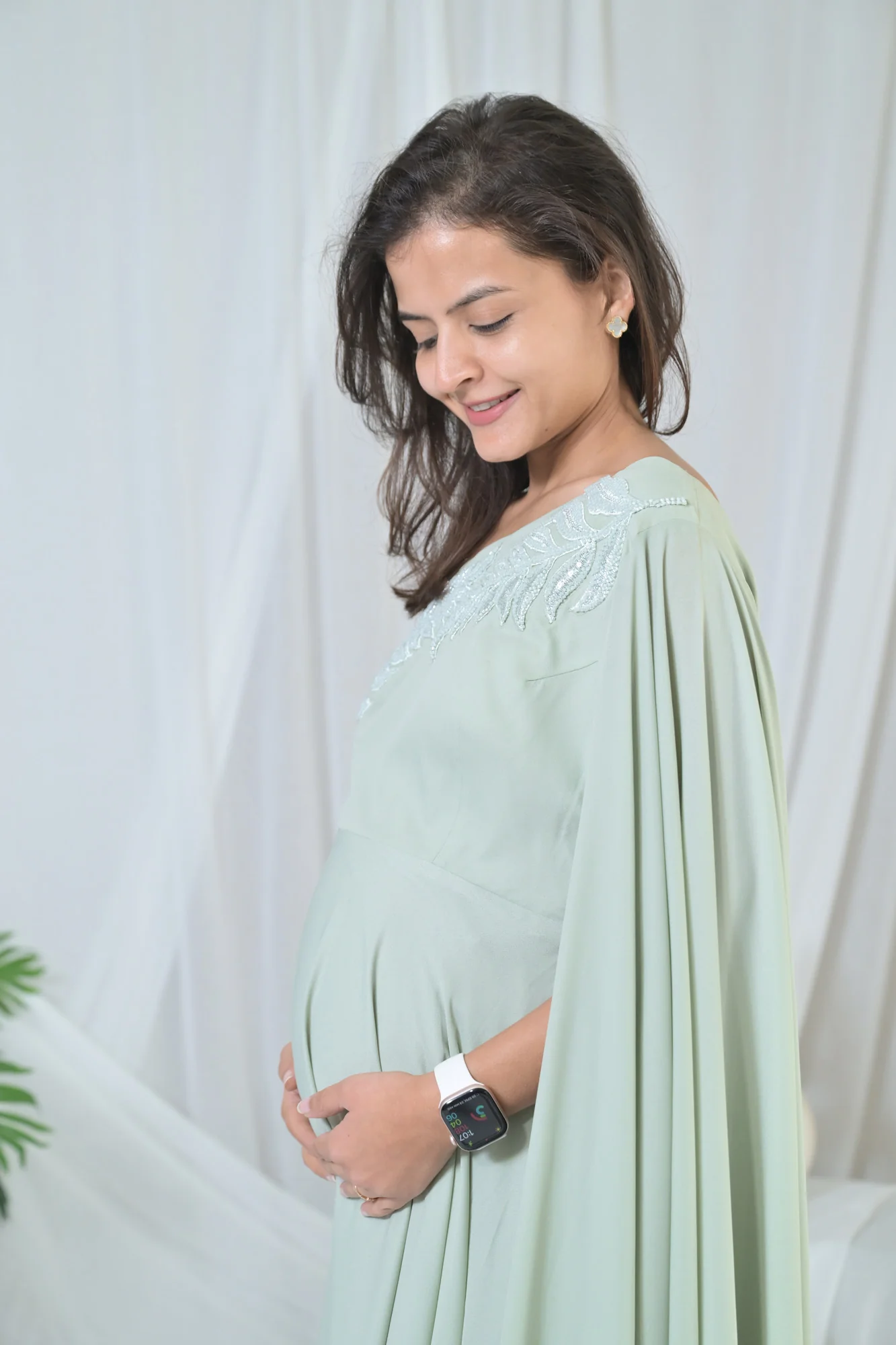 Luxe Sage Green Embroidered Maternity Satin Gown - Chenance