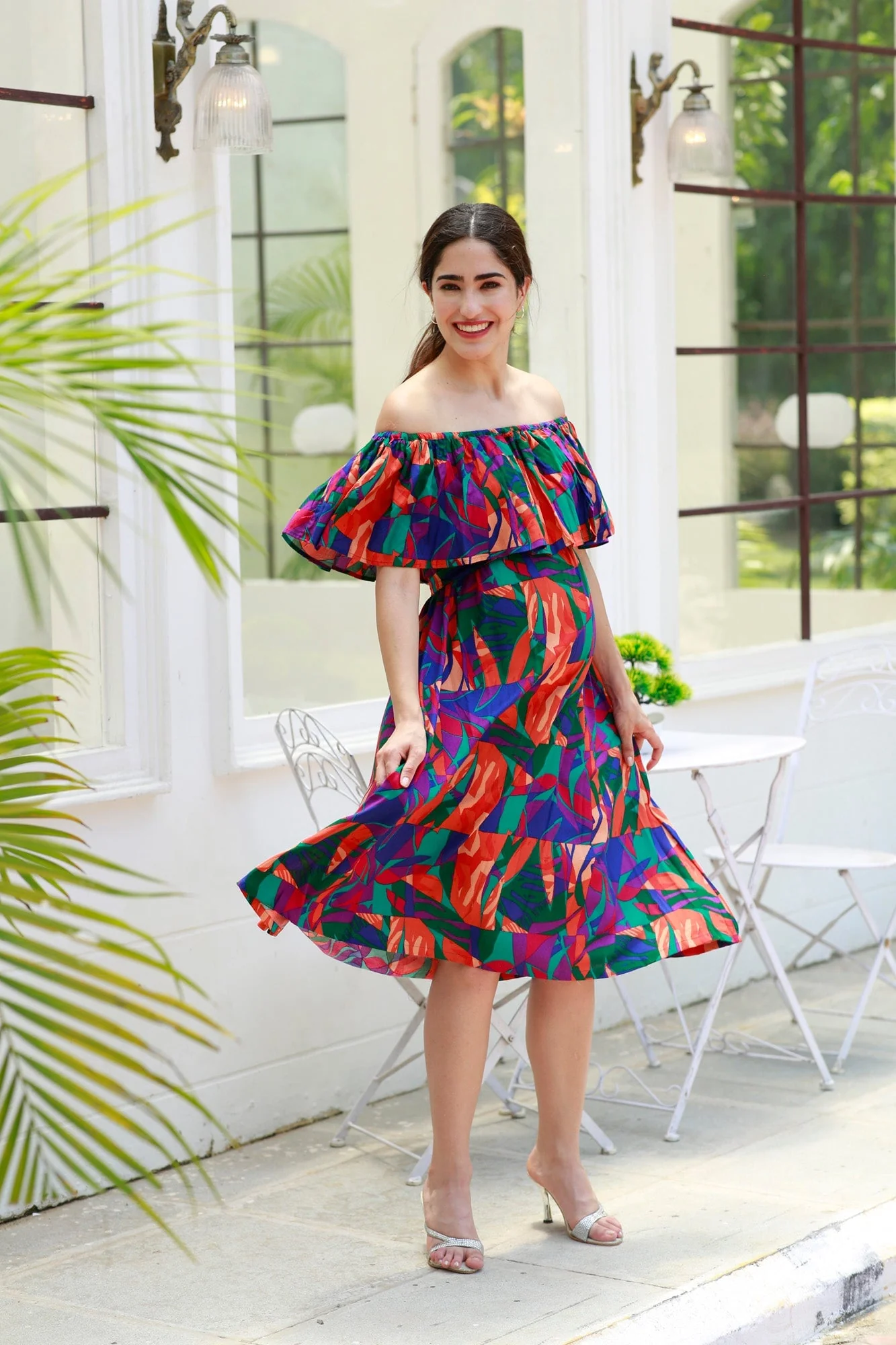 Retro Abstract Blue Off-Shoulder Maternity Frill Dress - Chenance