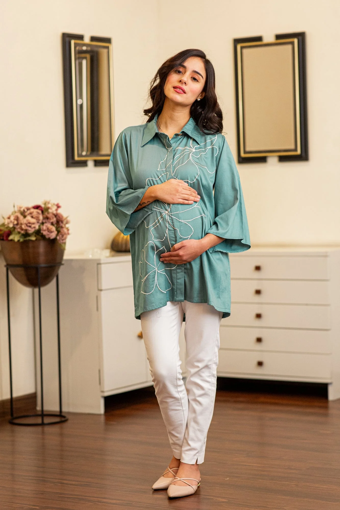 Premium Dusty Cyan Green Embroidered Maternity & Nursing Shirt - Chenance