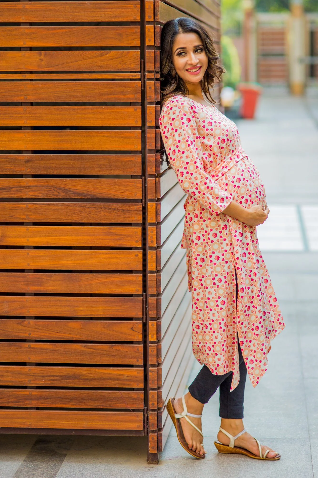 Peach & Cream Printed Maternity & Nursing Kurta - Chenance