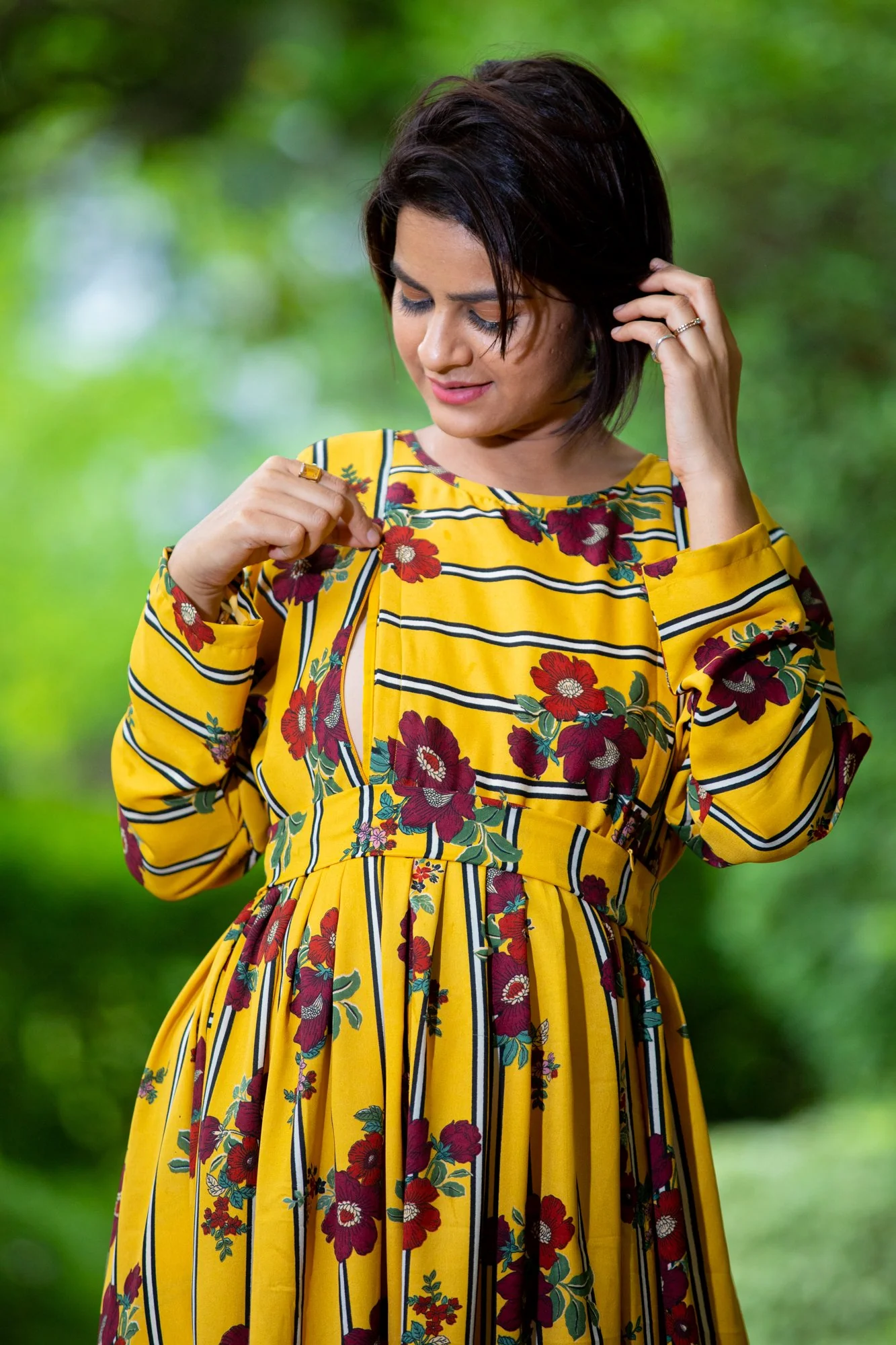 Honey Floral Striped Maternity & Nursing Dress - Chenance