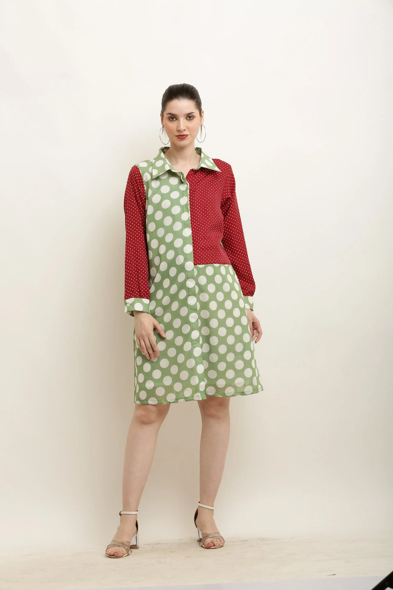 Merry Polka Printed Red-Green Shirt Dress - Chenance